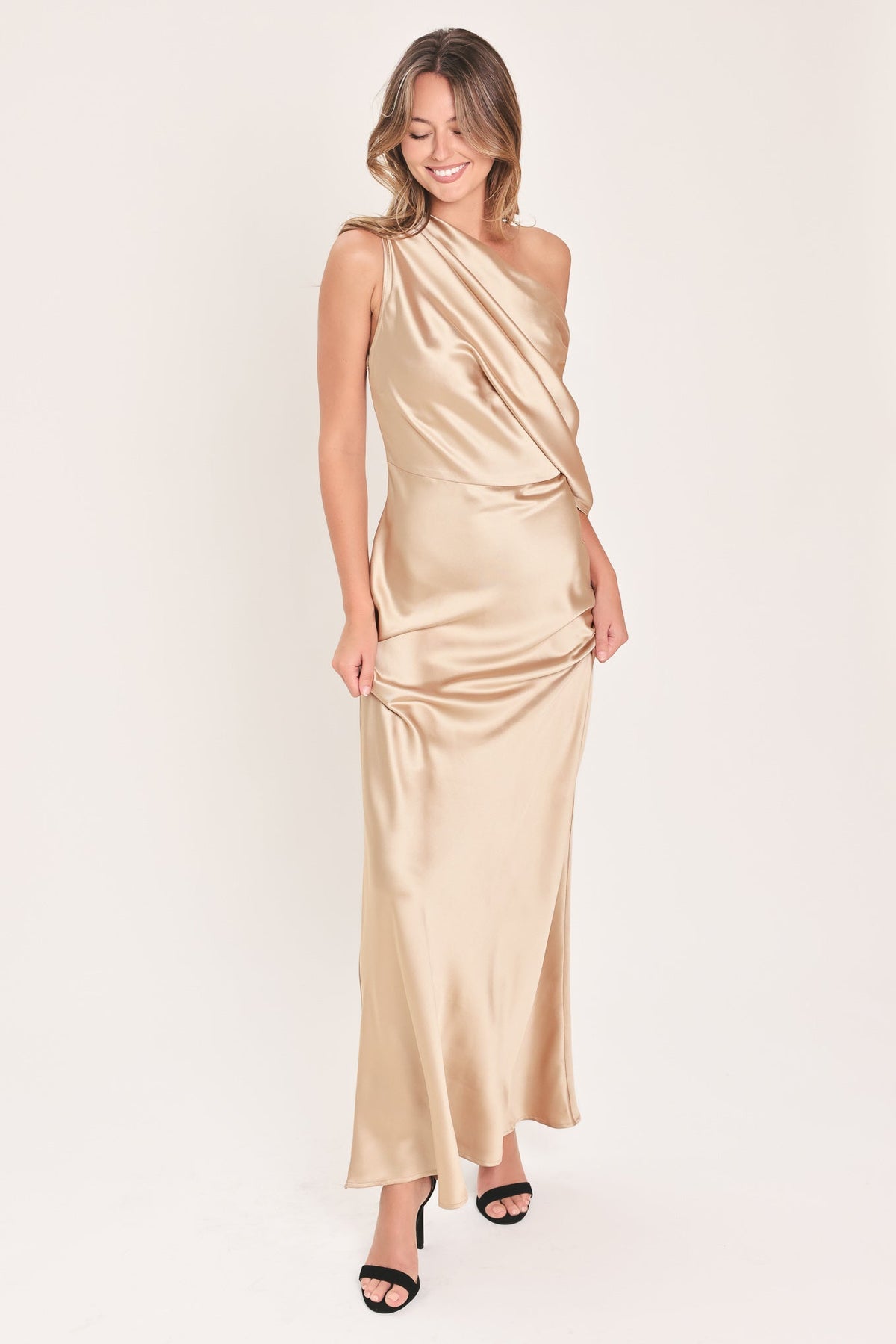 GILDED DRAPE SATIN ONE-SHOULDER MAXI DRESS - Flying Tomato - Flyclothing LLC