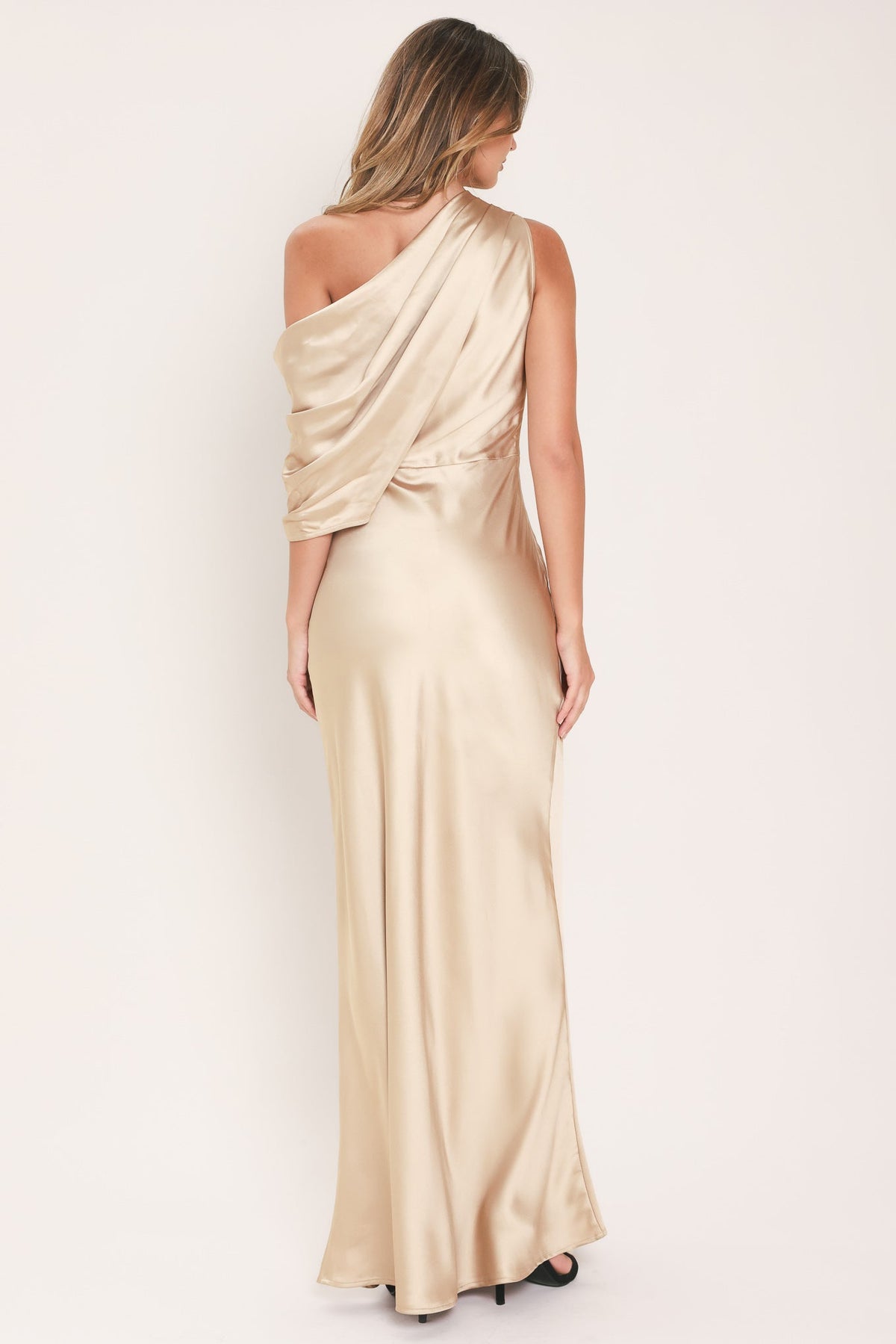 GILDED DRAPE SATIN ONE-SHOULDER MAXI DRESS - Flying Tomato - Flyclothing LLC