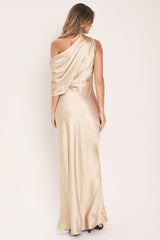 GILDED DRAPE SATIN ONE-SHOULDER MAXI DRESS - Flying Tomato - Flyclothing LLC