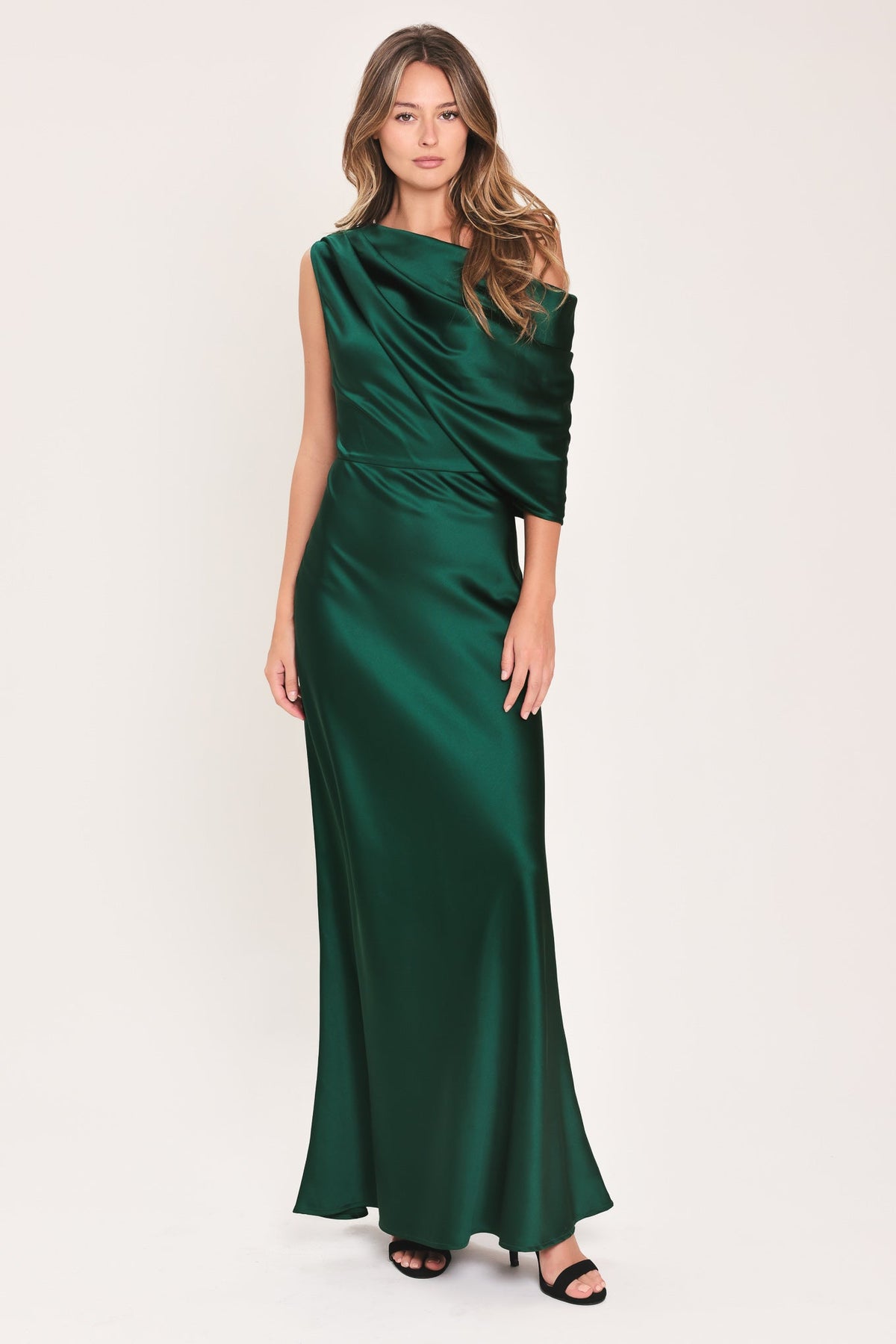 GILDED DRAPE SATIN ONE-SHOULDER MAXI DRESS - Flying Tomato - Flyclothing LLC