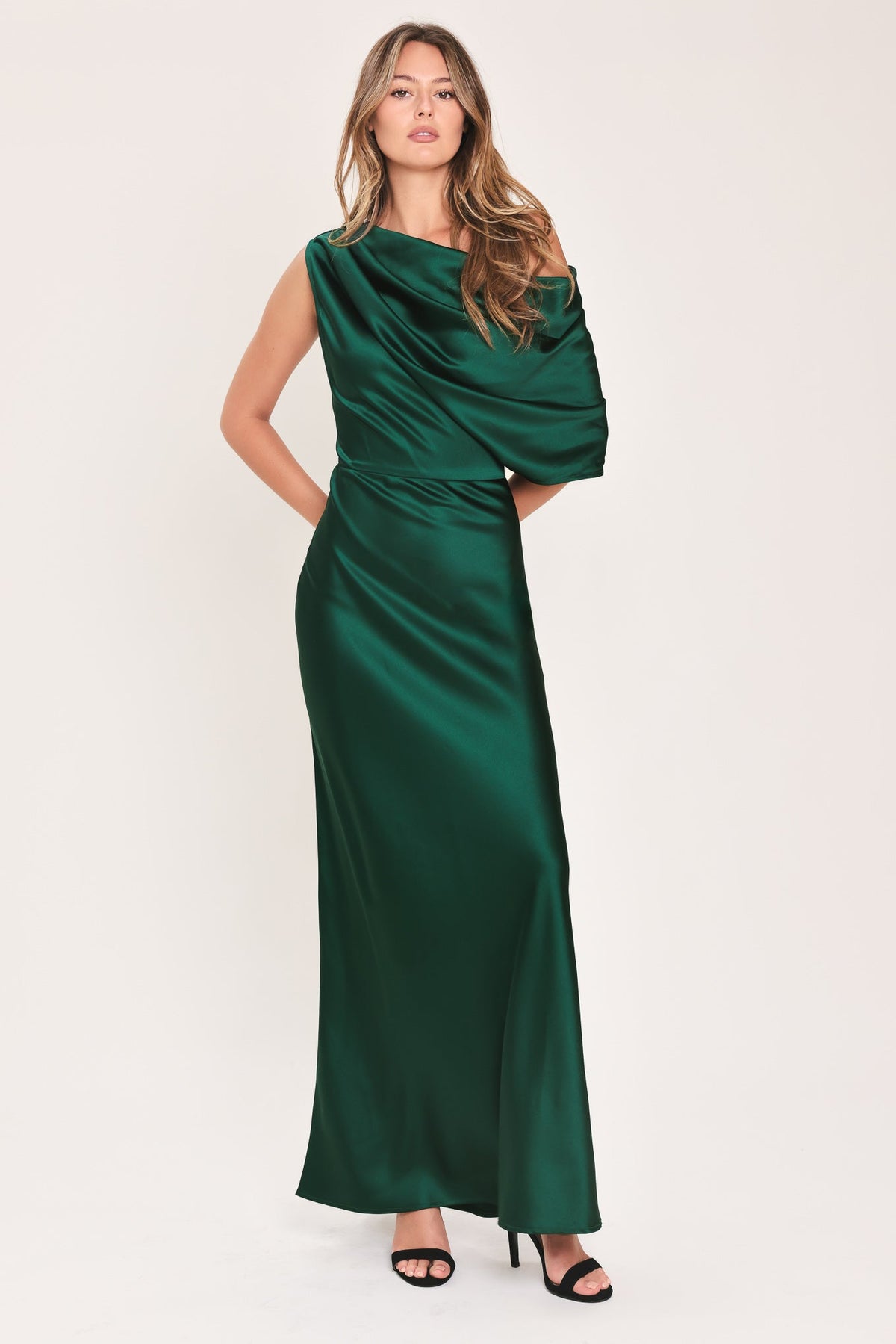 GILDED DRAPE SATIN ONE-SHOULDER MAXI DRESS - Flying Tomato - Flyclothing LLC