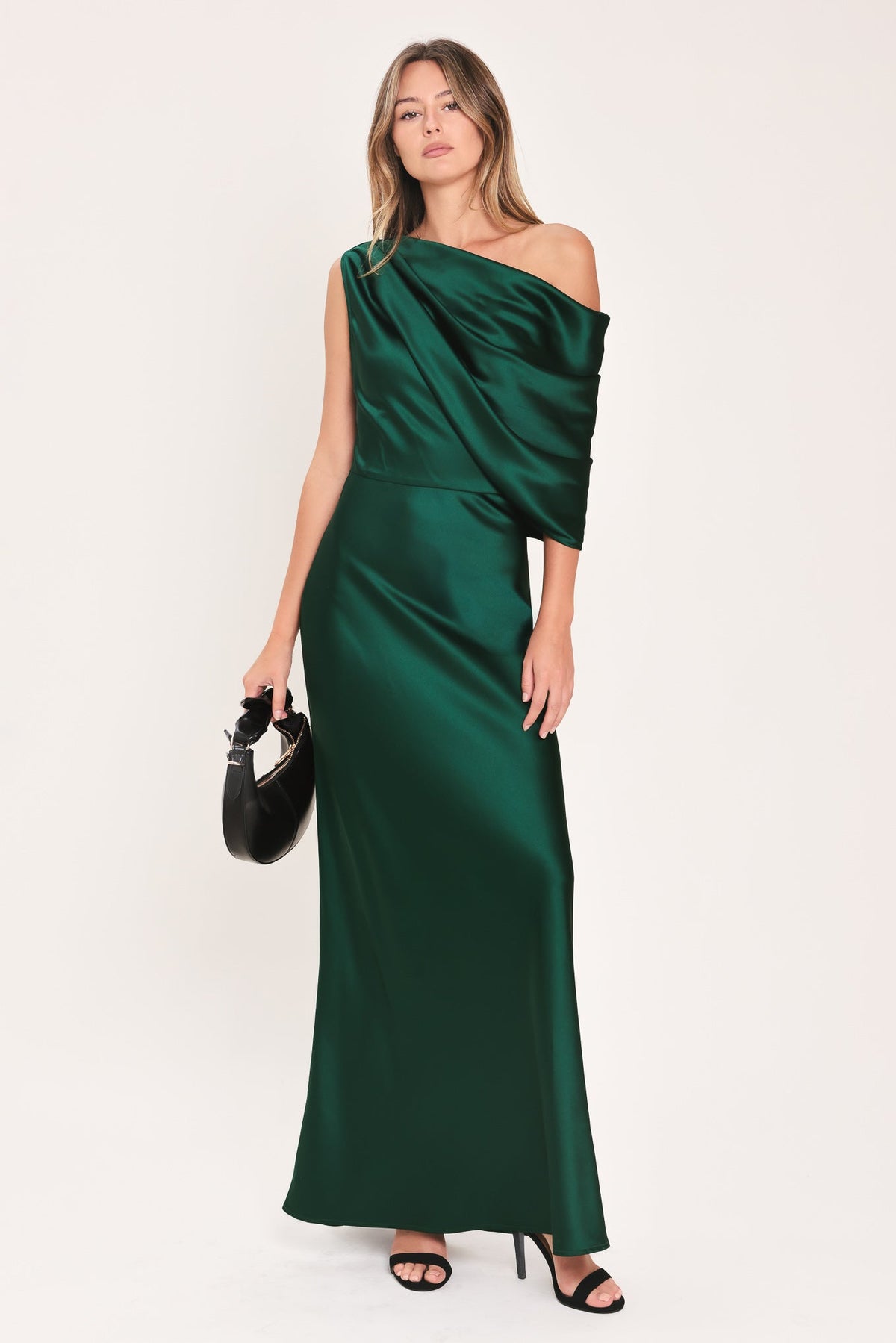 GILDED DRAPE SATIN ONE-SHOULDER MAXI DRESS - Flying Tomato - Flyclothing LLC