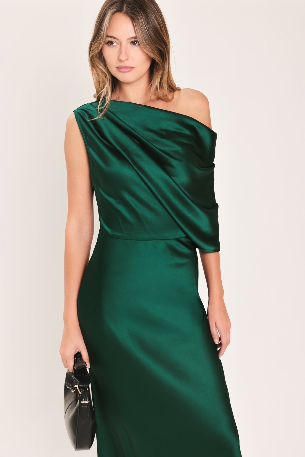 GILDED DRAPE SATIN ONE-SHOULDER MAXI DRESS - Flying Tomato - Flyclothing LLC