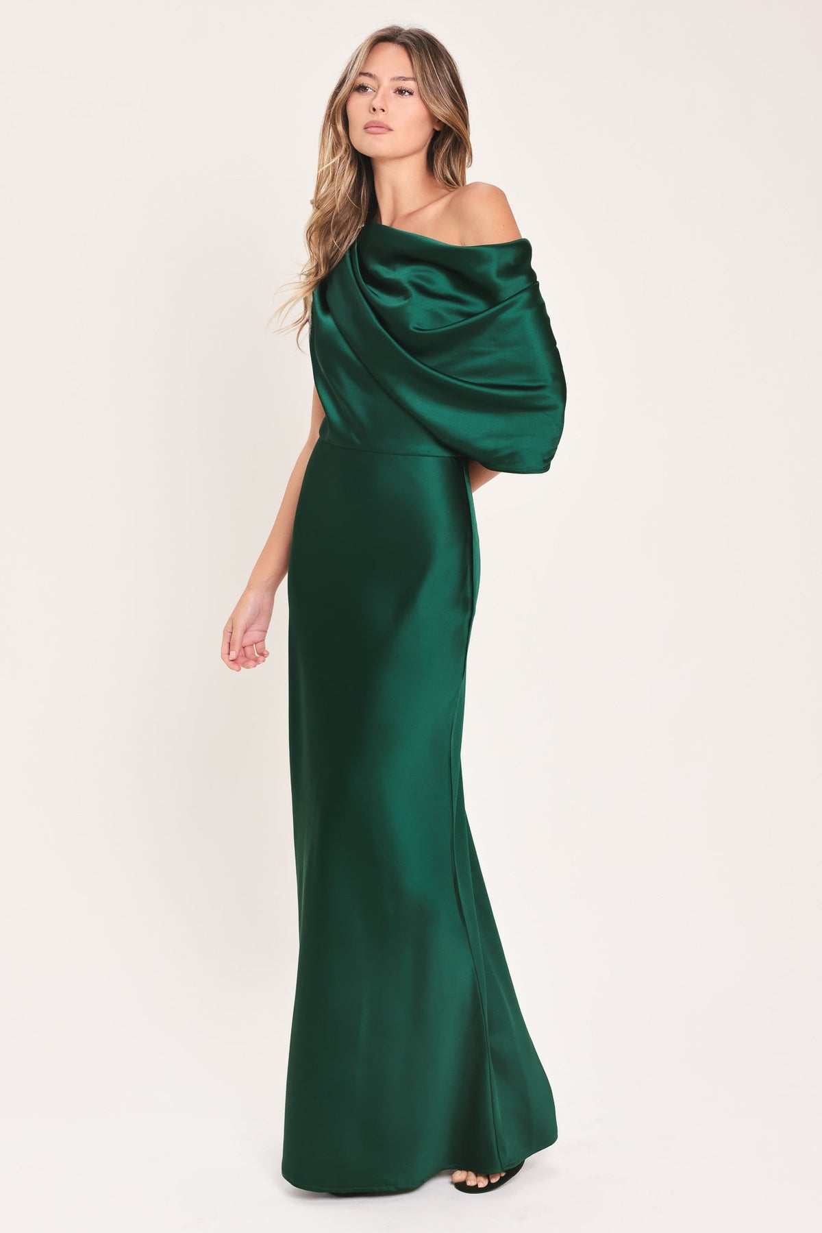 GILDED DRAPE SATIN ONE-SHOULDER MAXI DRESS - Flying Tomato - Flyclothing LLC