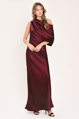 GILDED DRAPE SATIN ONE-SHOULDER MAXI DRESS - Flying Tomato - Flyclothing LLC