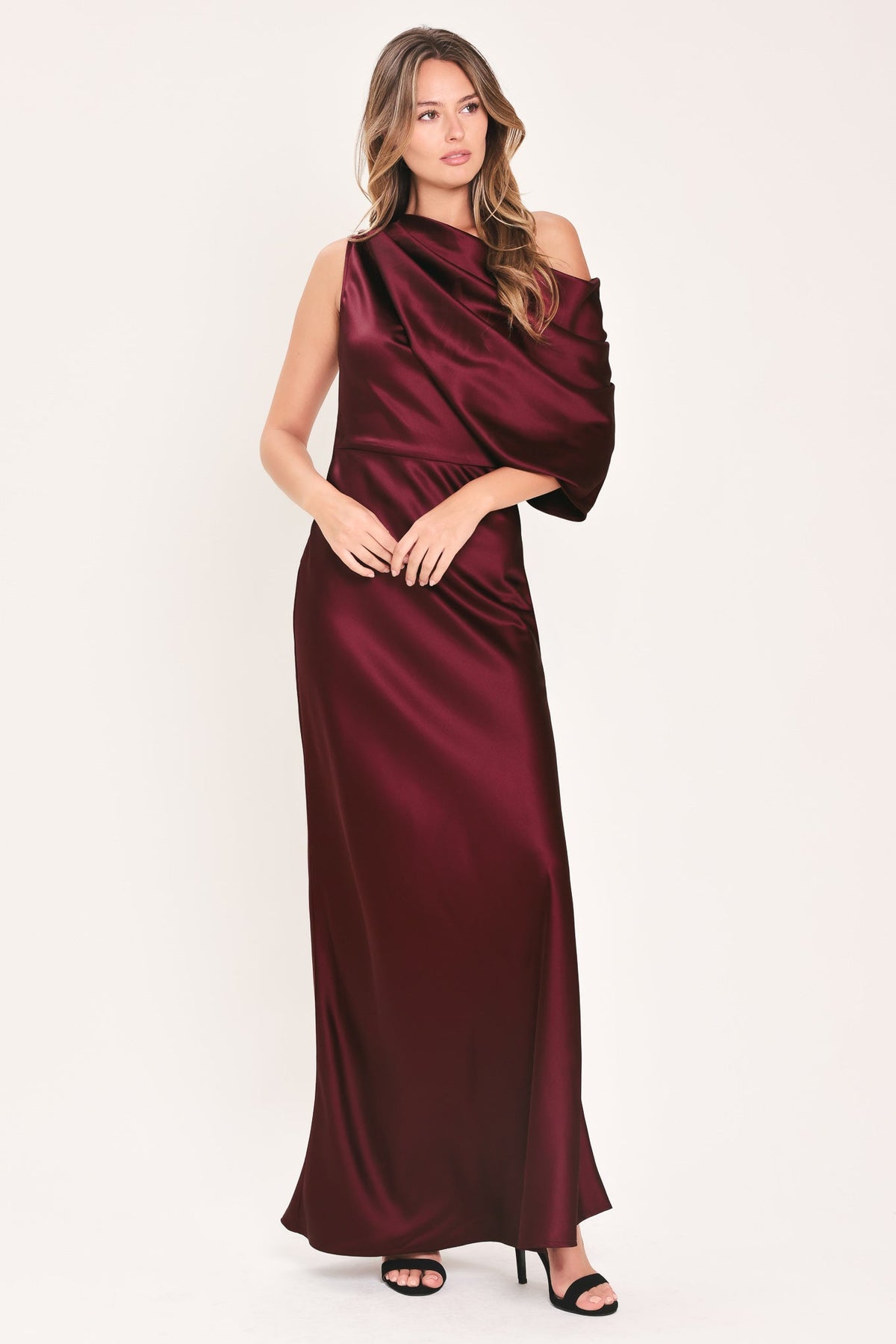 GILDED DRAPE SATIN ONE-SHOULDER MAXI DRESS - Flying Tomato - Flyclothing LLC
