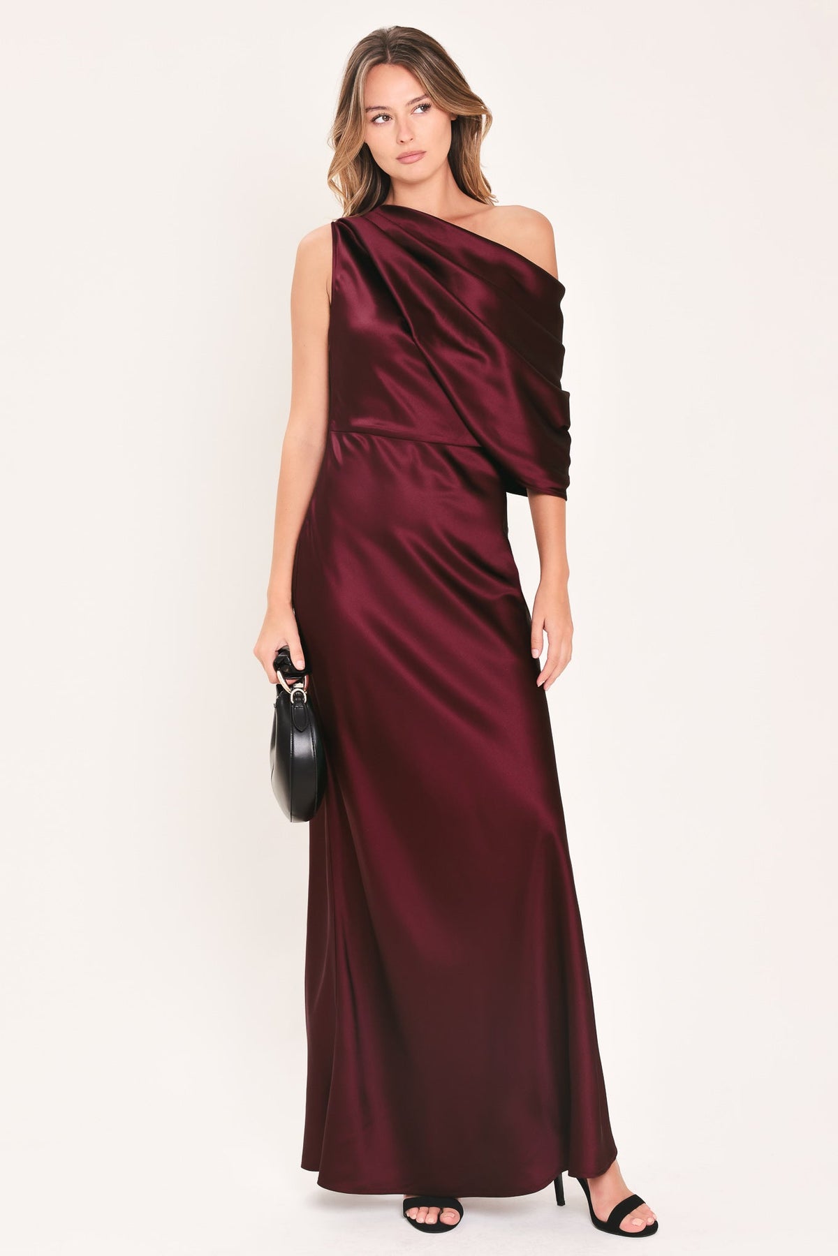 GILDED DRAPE SATIN ONE-SHOULDER MAXI DRESS - Flying Tomato - Flyclothing LLC