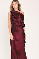 GILDED DRAPE SATIN ONE-SHOULDER MAXI DRESS - Flying Tomato - Flyclothing LLC