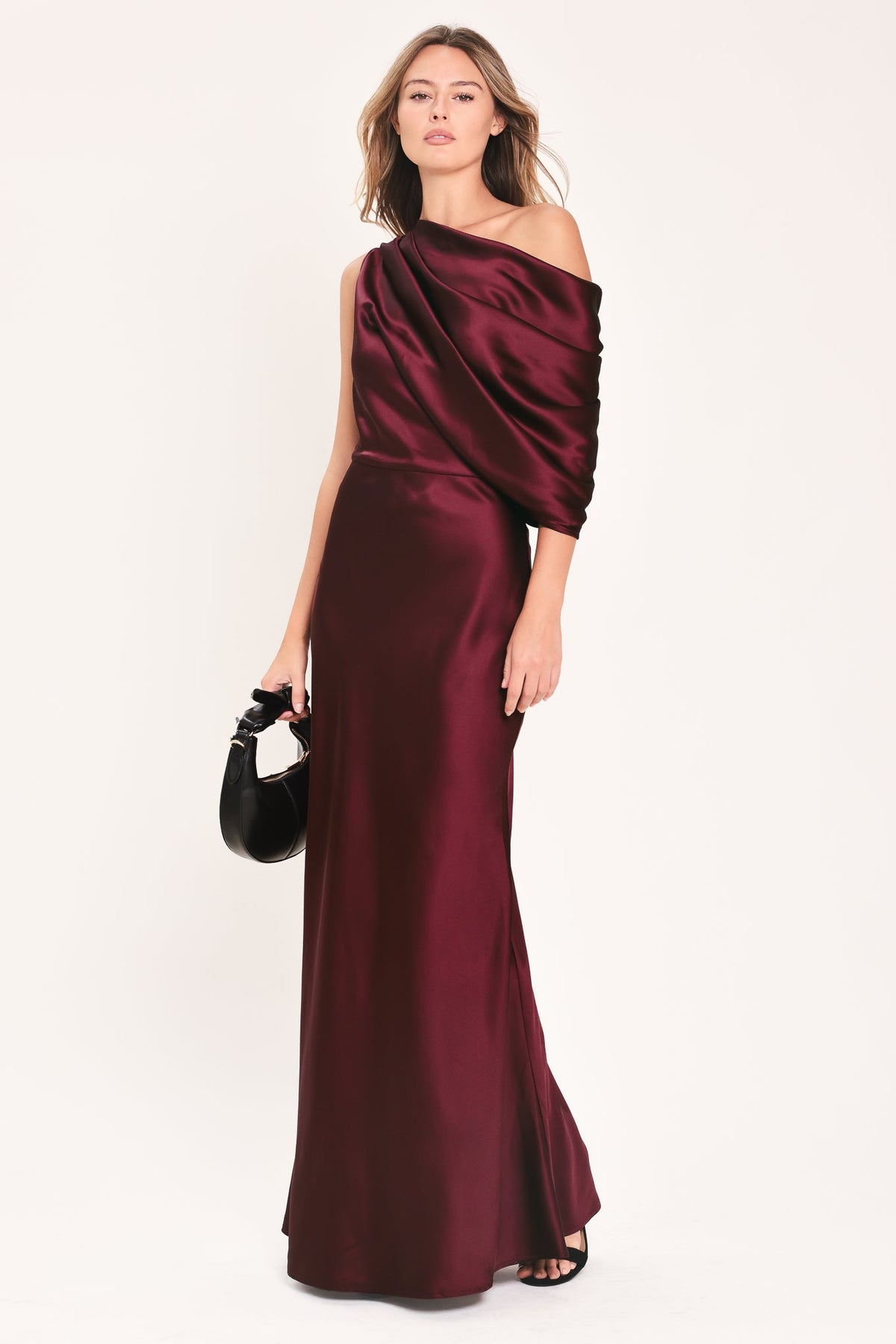GILDED DRAPE SATIN ONE-SHOULDER MAXI DRESS - Flying Tomato - Flyclothing LLC