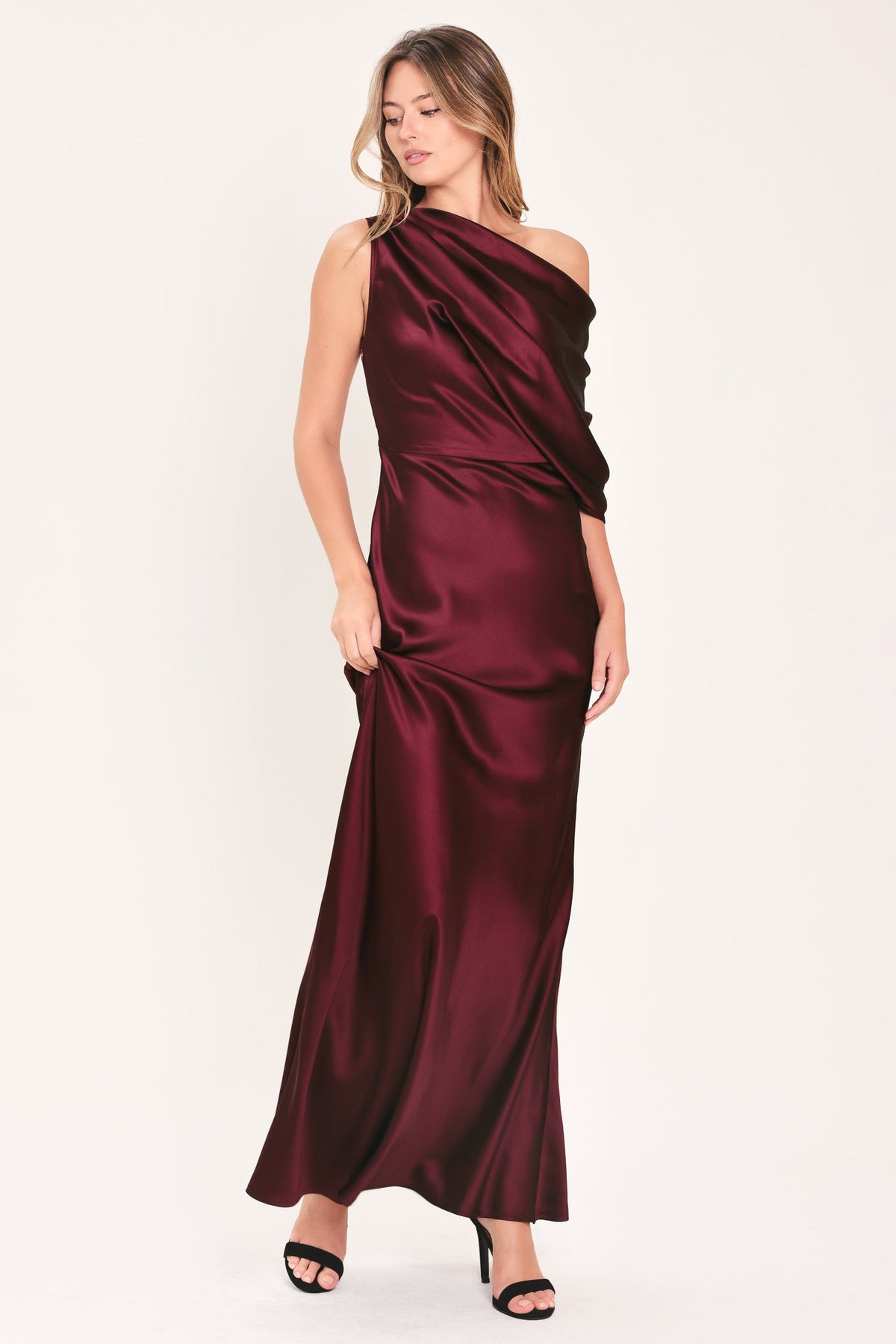 GILDED DRAPE SATIN ONE-SHOULDER MAXI DRESS - Flying Tomato - Flyclothing LLC