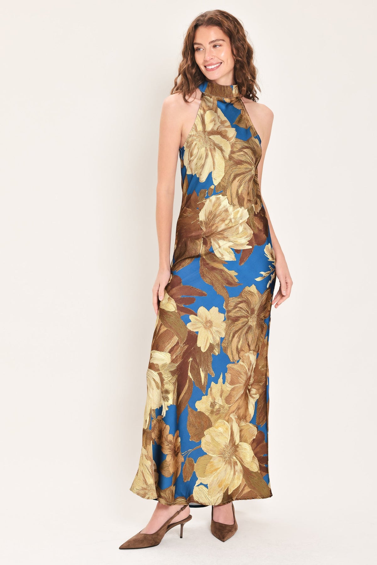 DEEP TEAL DREAM PRINTED HIGH-HALTER MAXI DRESS - Flying Tomato - Flyclothing LLC
