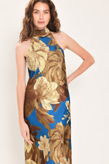 DEEP TEAL DREAM PRINTED HIGH-HALTER MAXI DRESS - Flying Tomato - Flyclothing LLC