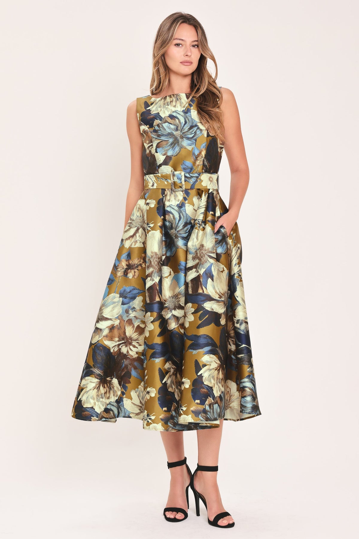 GOLDEN MEADOW DIJON PRINTED BELTED MIDI DRESS - Flying Tomato - Flyclothing LLC