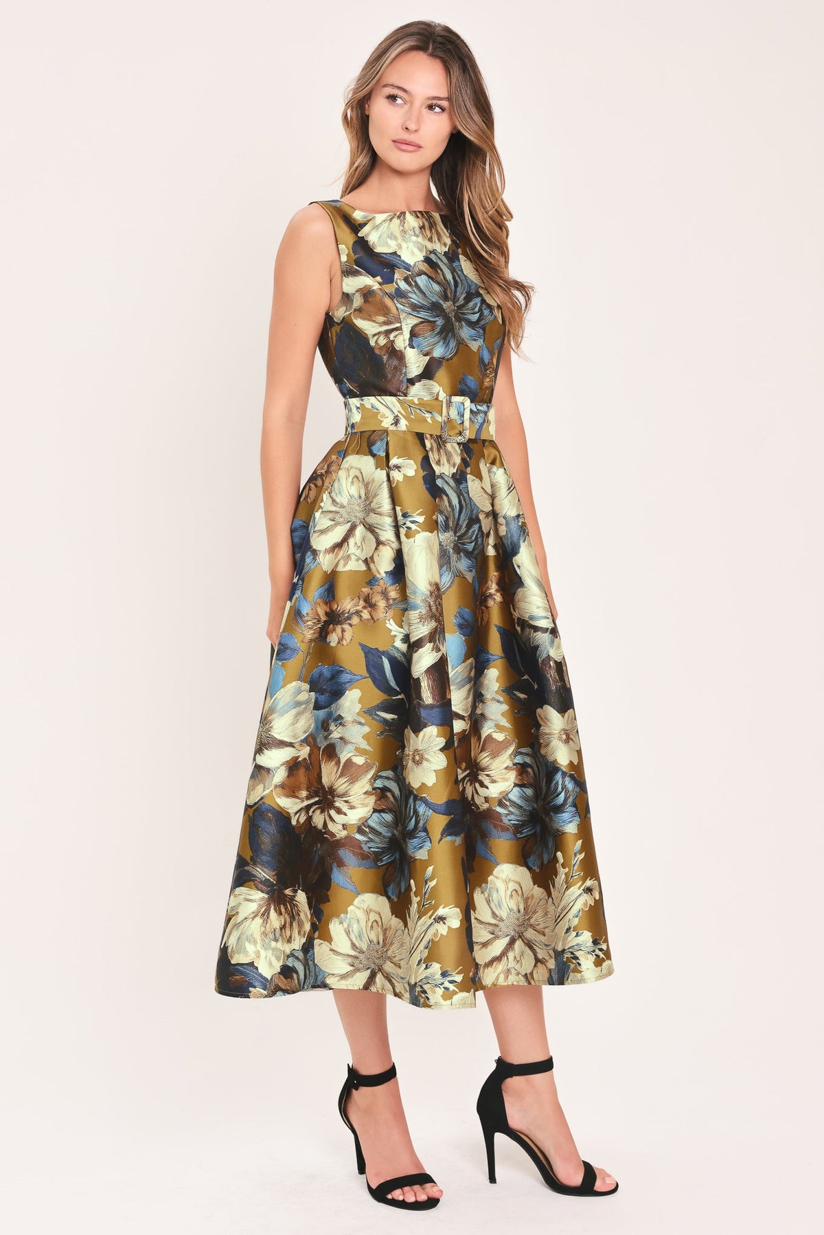 GOLDEN MEADOW DIJON PRINTED BELTED MIDI DRESS - Flying Tomato - Flyclothing LLC