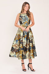 GOLDEN MEADOW DIJON PRINTED BELTED MIDI DRESS - Flying Tomato - Flyclothing LLC