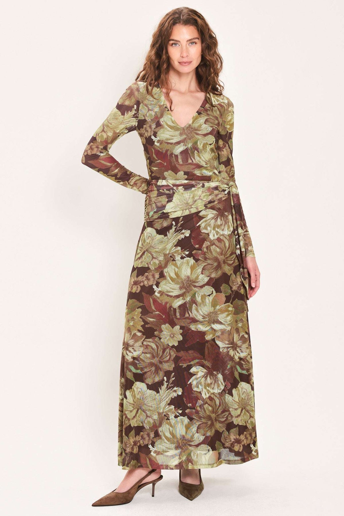 MAROON MUSE DARK MAROON PRINTED SCARF-SASH MESH MAXI DRESS - Flying Tomato - Flyclothing LLC