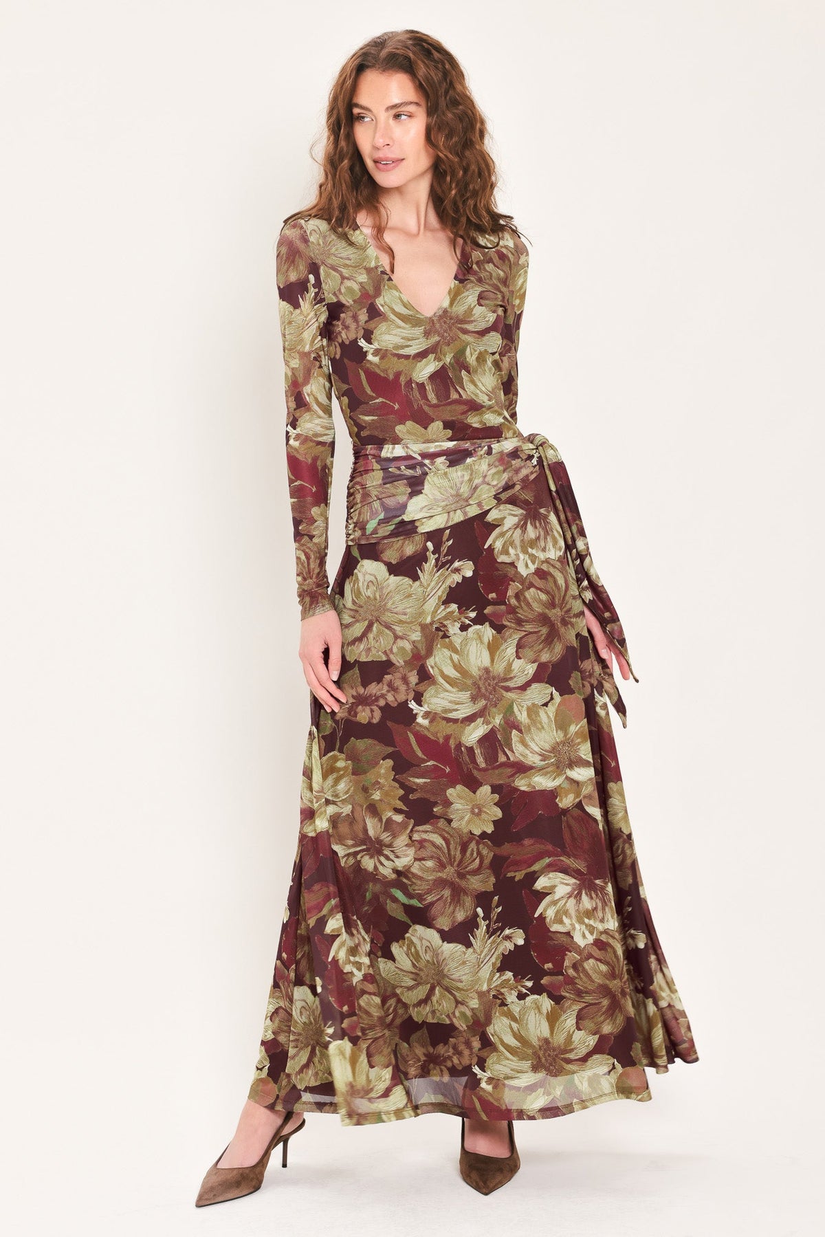 MAROON MUSE DARK MAROON PRINTED SCARF-SASH MESH MAXI DRESS - Flying Tomato - Flyclothing LLC