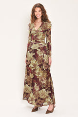 MAROON MUSE DARK MAROON PRINTED SCARF-SASH MESH MAXI DRESS - Flying Tomato - Flyclothing LLC
