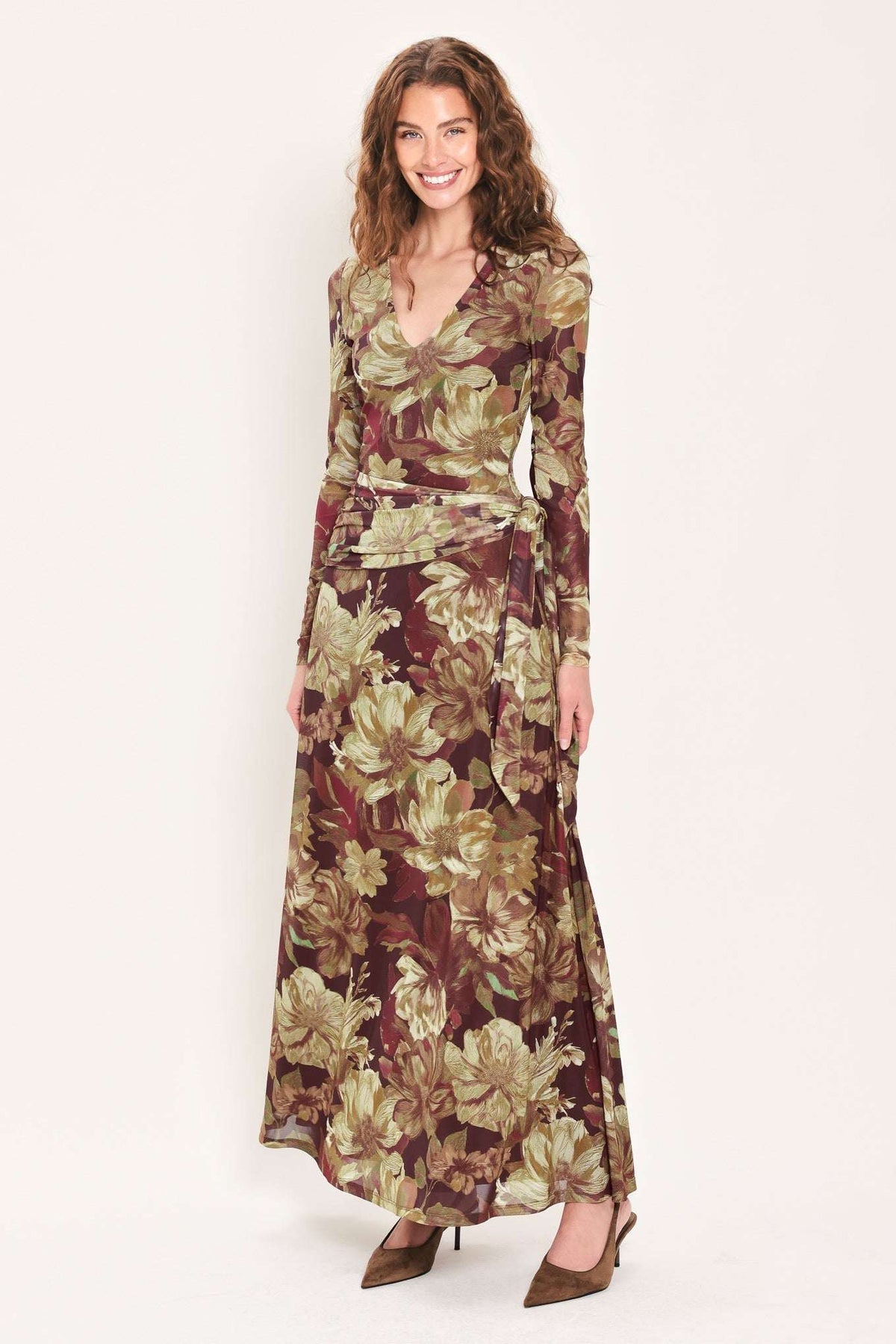 MAROON MUSE DARK MAROON PRINTED SCARF-SASH MESH MAXI DRESS - Flying Tomato - Flyclothing LLC