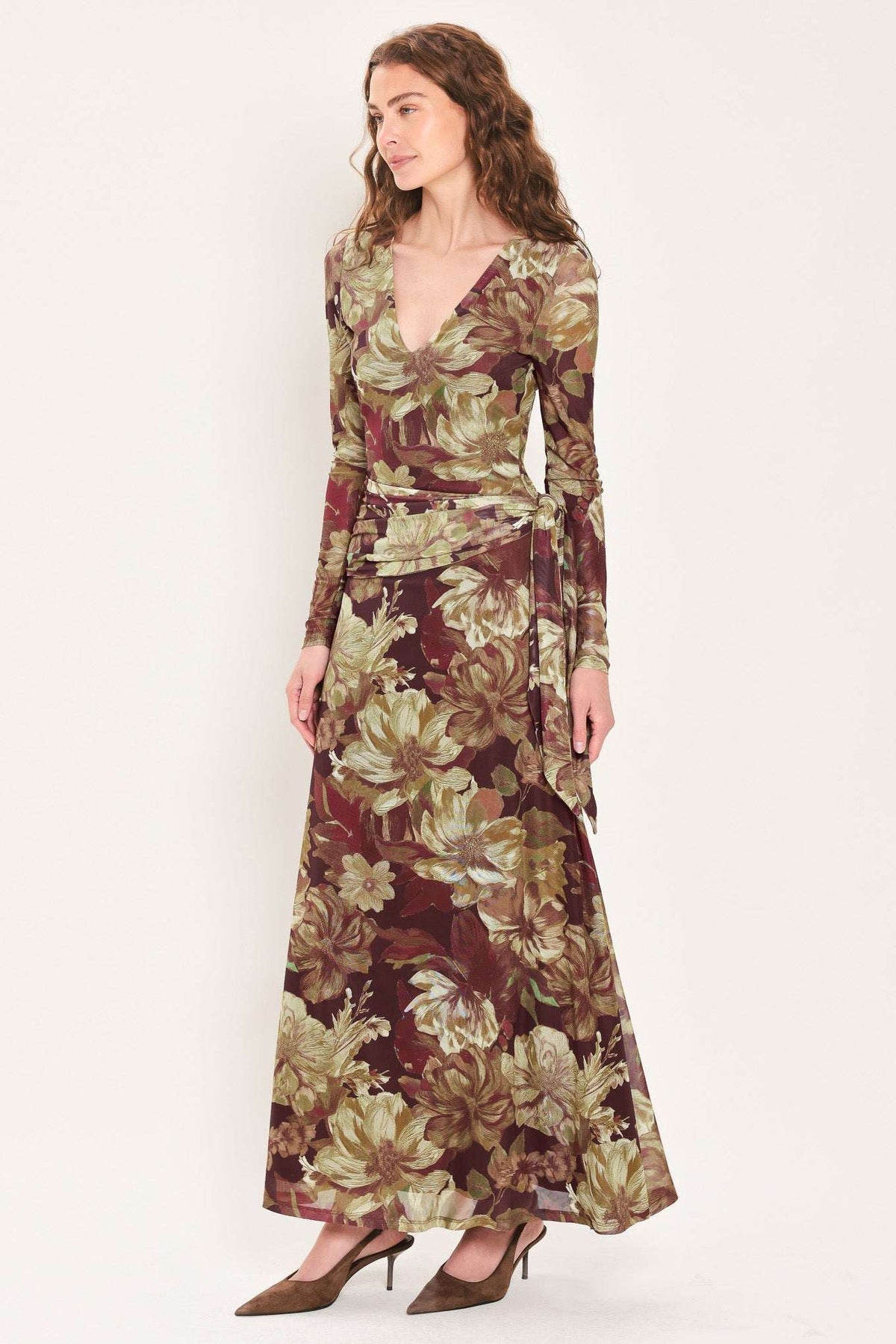 MAROON MUSE DARK MAROON PRINTED SCARF-SASH MESH MAXI DRESS - Flying Tomato - Flyclothing LLC