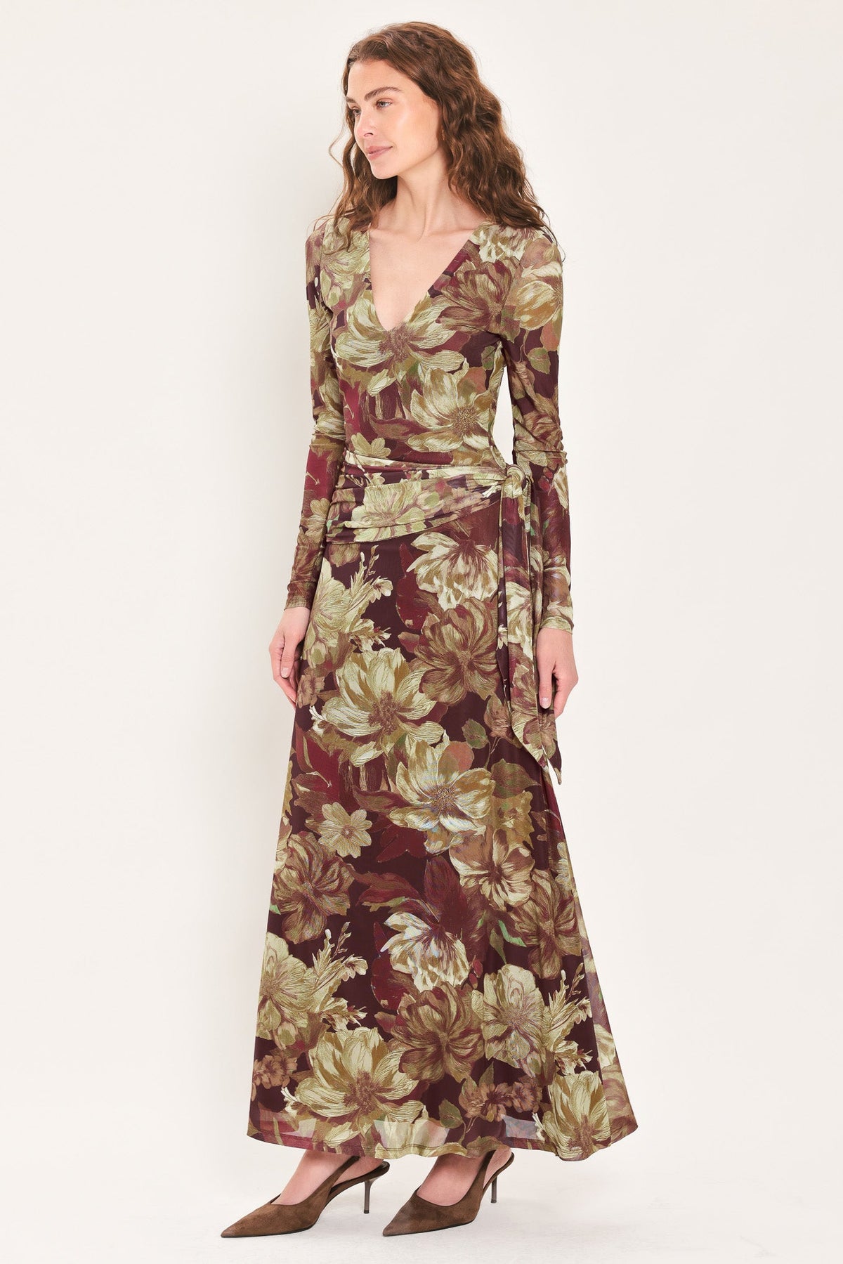 MAROON MUSE DARK MAROON PRINTED SCARF-SASH MESH MAXI DRESS - Flying Tomato - Flyclothing LLC