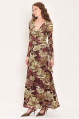 MAROON MUSE DARK MAROON PRINTED SCARF-SASH MESH MAXI DRESS - Flying Tomato - Flyclothing LLC