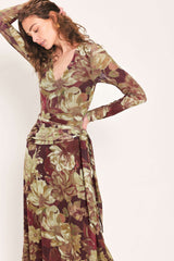 MAROON MUSE DARK MAROON PRINTED SCARF-SASH MESH MAXI DRESS - Flying Tomato - Flyclothing LLC
