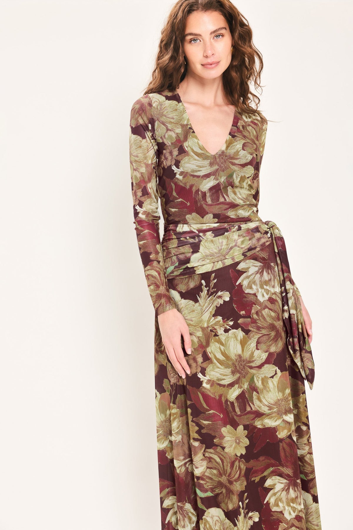 MAROON MUSE DARK MAROON PRINTED SCARF-SASH MESH MAXI DRESS - Flying Tomato - Flyclothing LLC