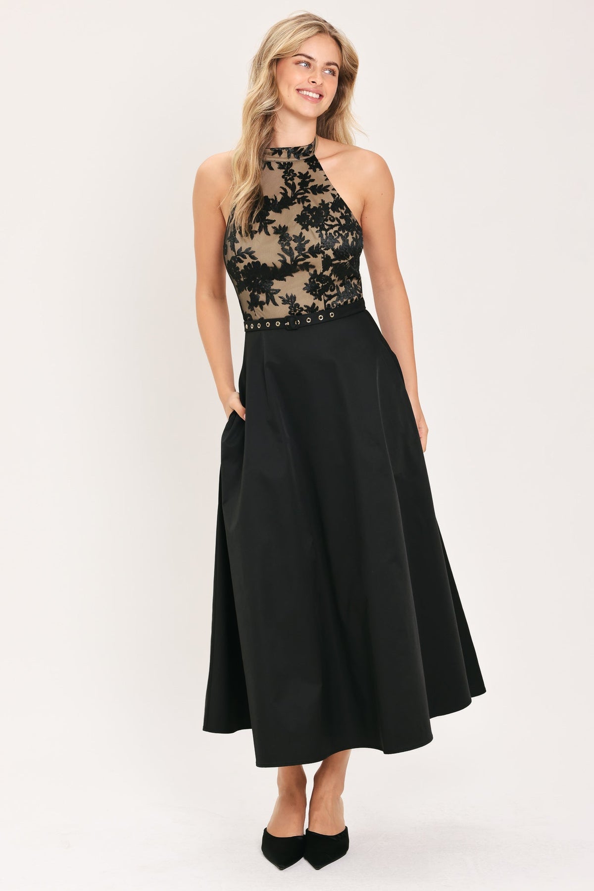 MIDNIGHT LACE BLACK HALTER LACE-BODICE MIDI DRESS - Flying Tomato - Flyclothing LLC