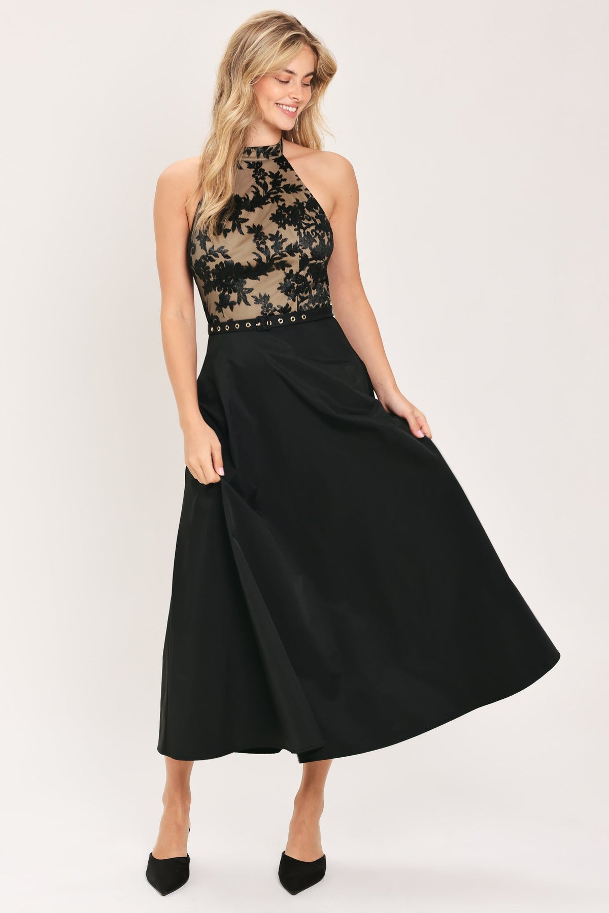 MIDNIGHT LACE BLACK HALTER LACE-BODICE MIDI DRESS - Flying Tomato - Flyclothing LLC
