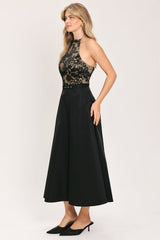 MIDNIGHT LACE BLACK HALTER LACE-BODICE MIDI DRESS - Flying Tomato - Flyclothing LLC
