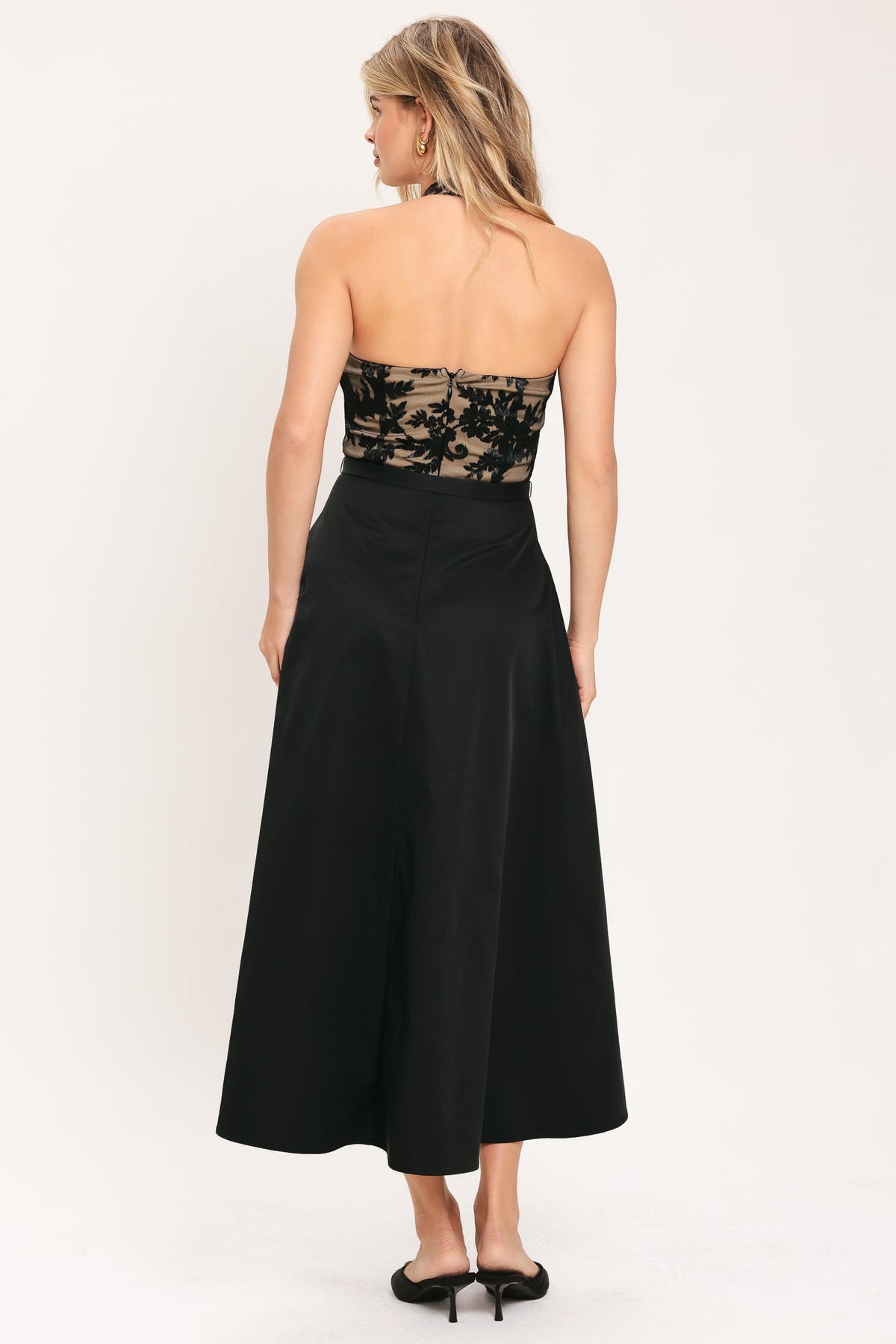 MIDNIGHT LACE BLACK HALTER LACE-BODICE MIDI DRESS - Flying Tomato - Flyclothing LLC