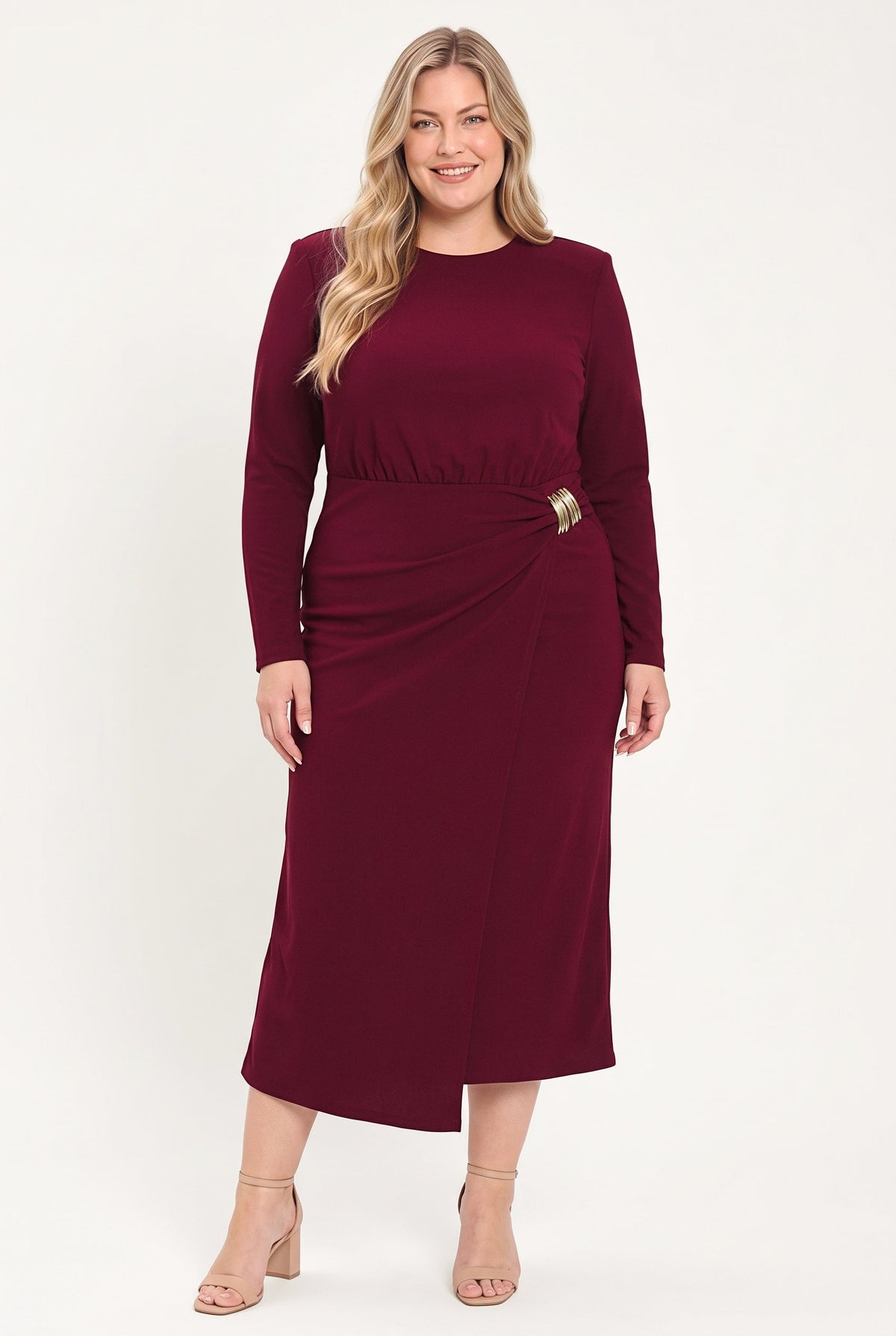 BORDEAUX SCULPT BURGUNDY GATHERED HARDWARE MIDI DRESS - Flying Tomato - Flyclothing LLC
