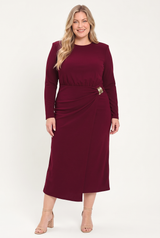 BORDEAUX SCULPT BURGUNDY GATHERED HARDWARE MIDI DRESS - Flying Tomato - Flyclothing LLC