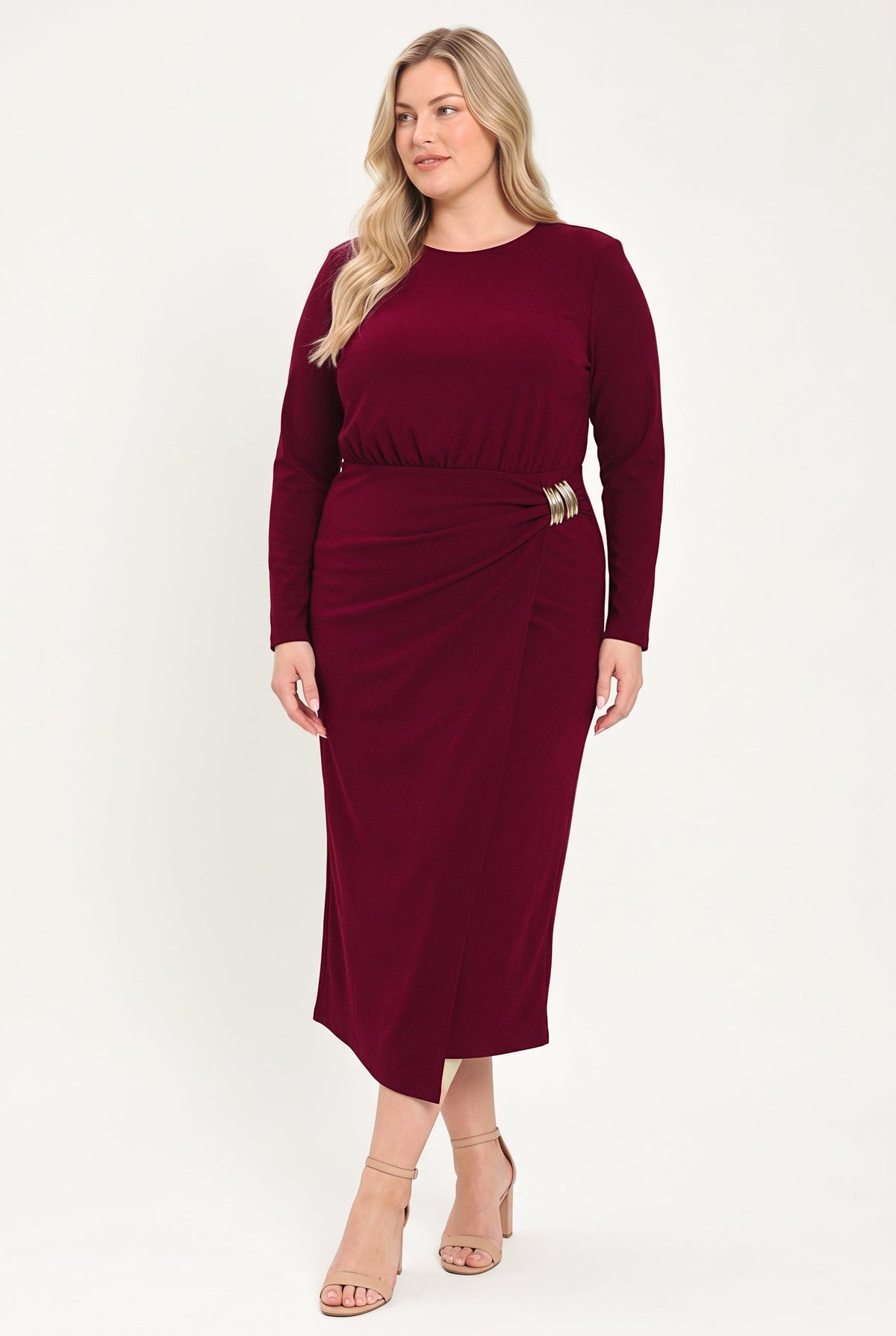 BORDEAUX SCULPT BURGUNDY GATHERED HARDWARE MIDI DRESS - Flying Tomato - Flyclothing LLC