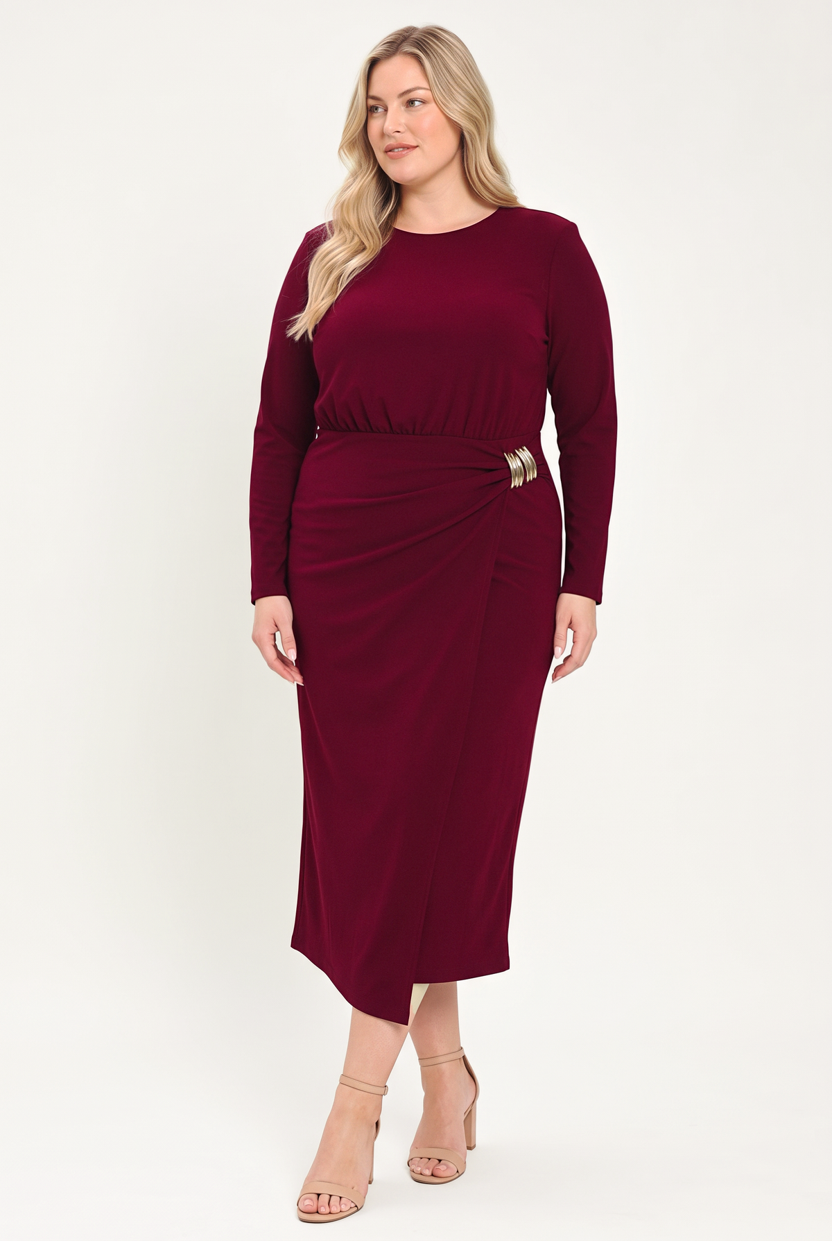BORDEAUX SCULPT BURGUNDY GATHERED HARDWARE MIDI DRESS - Flying Tomato - Flyclothing LLC