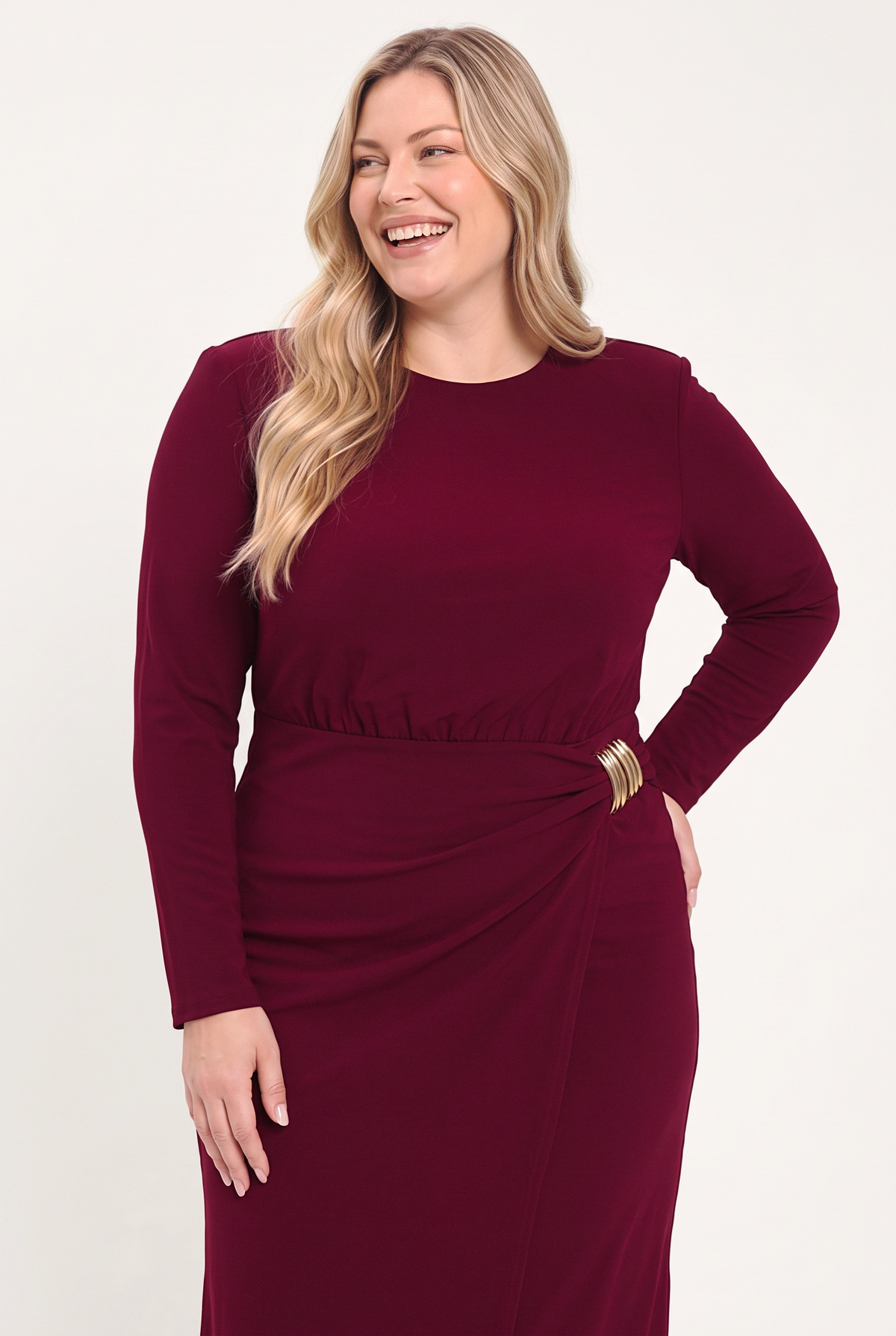 BORDEAUX SCULPT BURGUNDY GATHERED HARDWARE MIDI DRESS - Flying Tomato - Flyclothing LLC