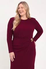 BORDEAUX SCULPT BURGUNDY GATHERED HARDWARE MIDI DRESS - Flying Tomato - Flyclothing LLC