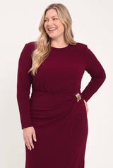 BORDEAUX SCULPT BURGUNDY GATHERED HARDWARE MIDI DRESS - Flying Tomato - Flyclothing LLC