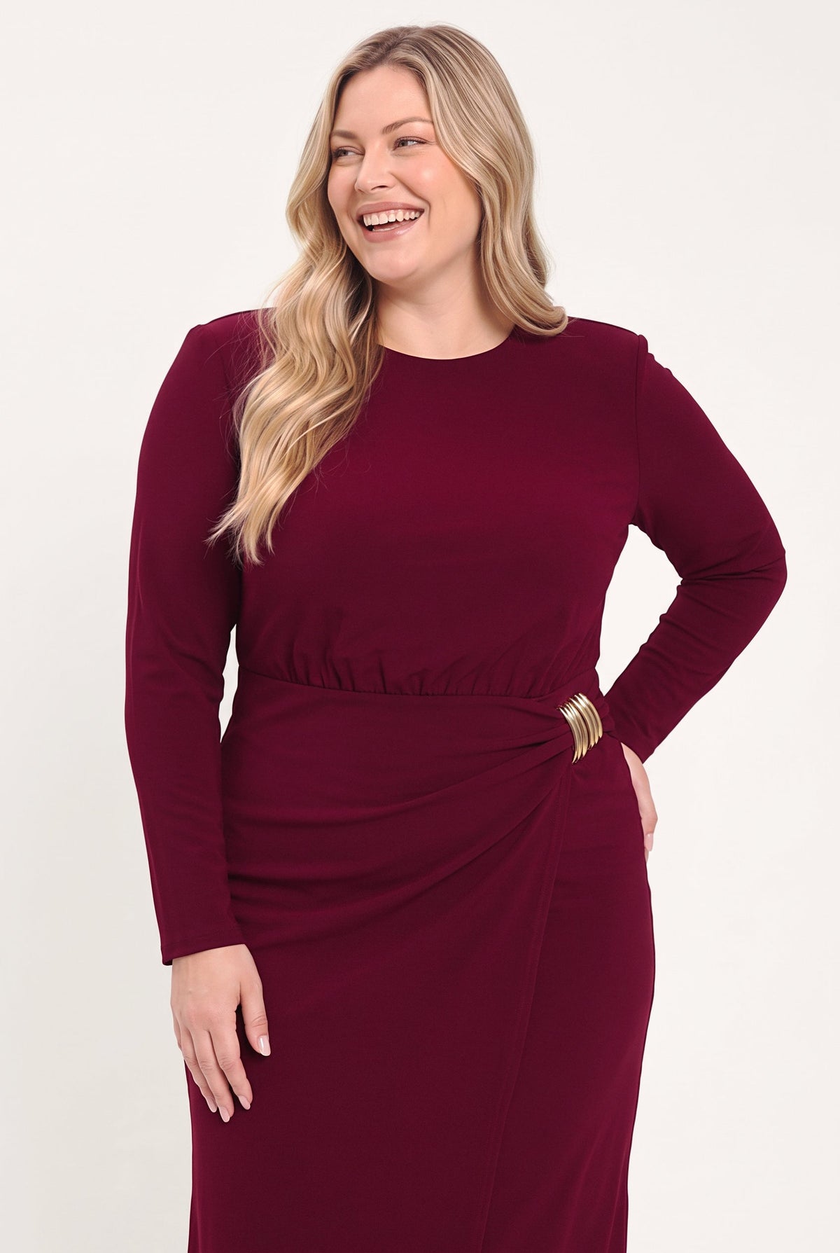 BORDEAUX SCULPT BURGUNDY GATHERED HARDWARE MIDI DRESS - Flying Tomato - Flyclothing LLC