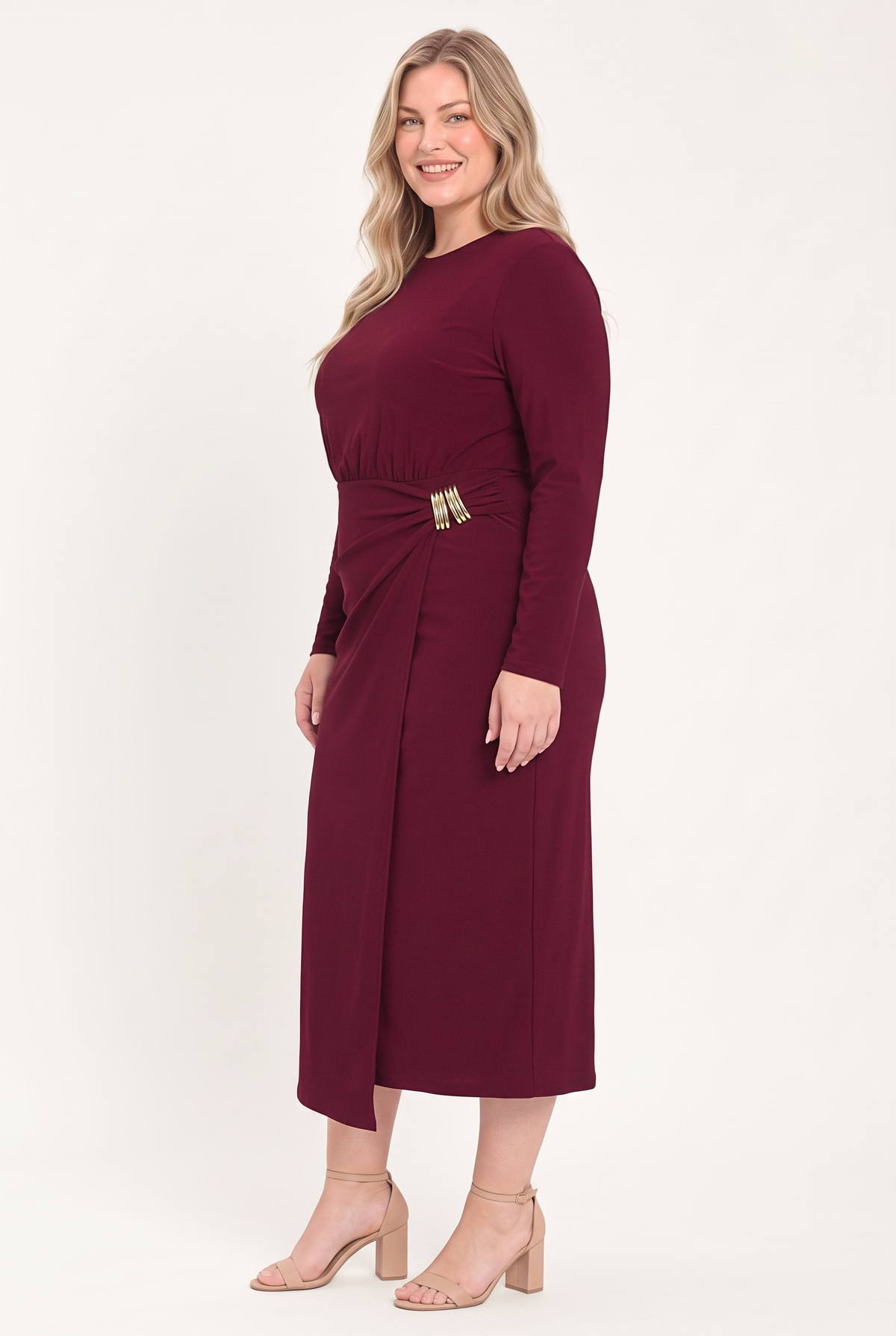 BORDEAUX SCULPT BURGUNDY GATHERED HARDWARE MIDI DRESS - Flying Tomato - Flyclothing LLC