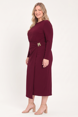 BORDEAUX SCULPT BURGUNDY GATHERED HARDWARE MIDI DRESS - Flying Tomato - Flyclothing LLC