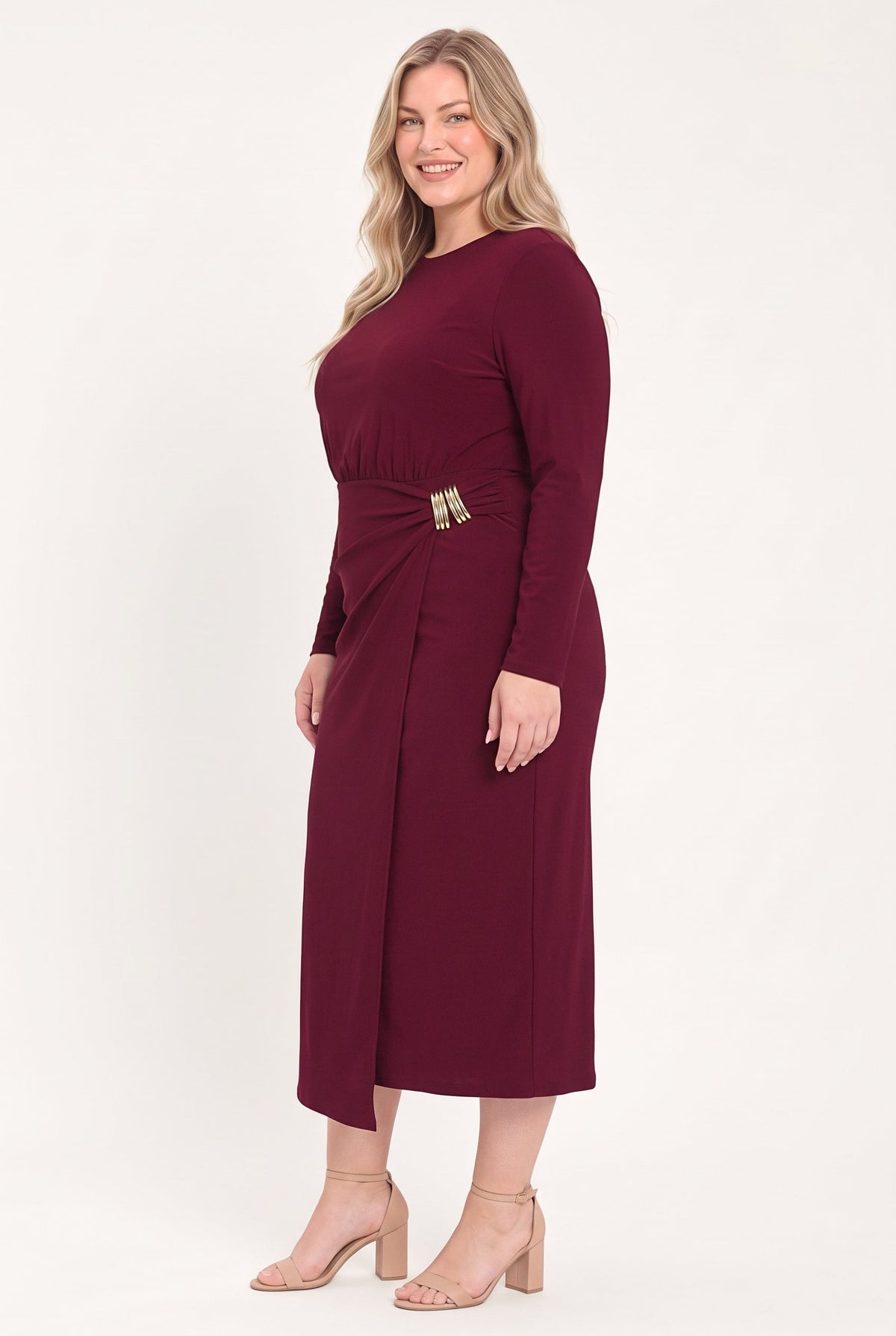BORDEAUX SCULPT BURGUNDY GATHERED HARDWARE MIDI DRESS - Flying Tomato - Flyclothing LLC