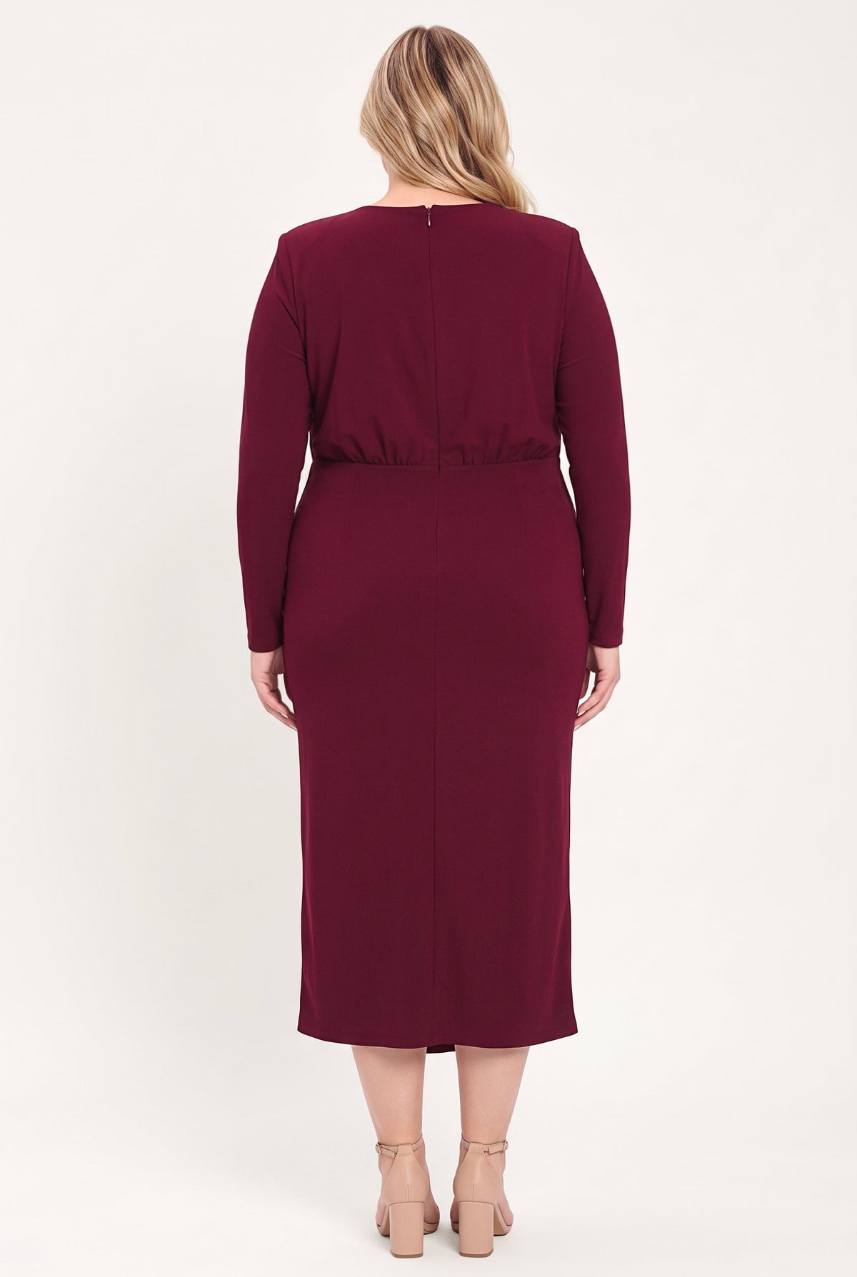 BORDEAUX SCULPT BURGUNDY GATHERED HARDWARE MIDI DRESS - Flying Tomato - Flyclothing LLC