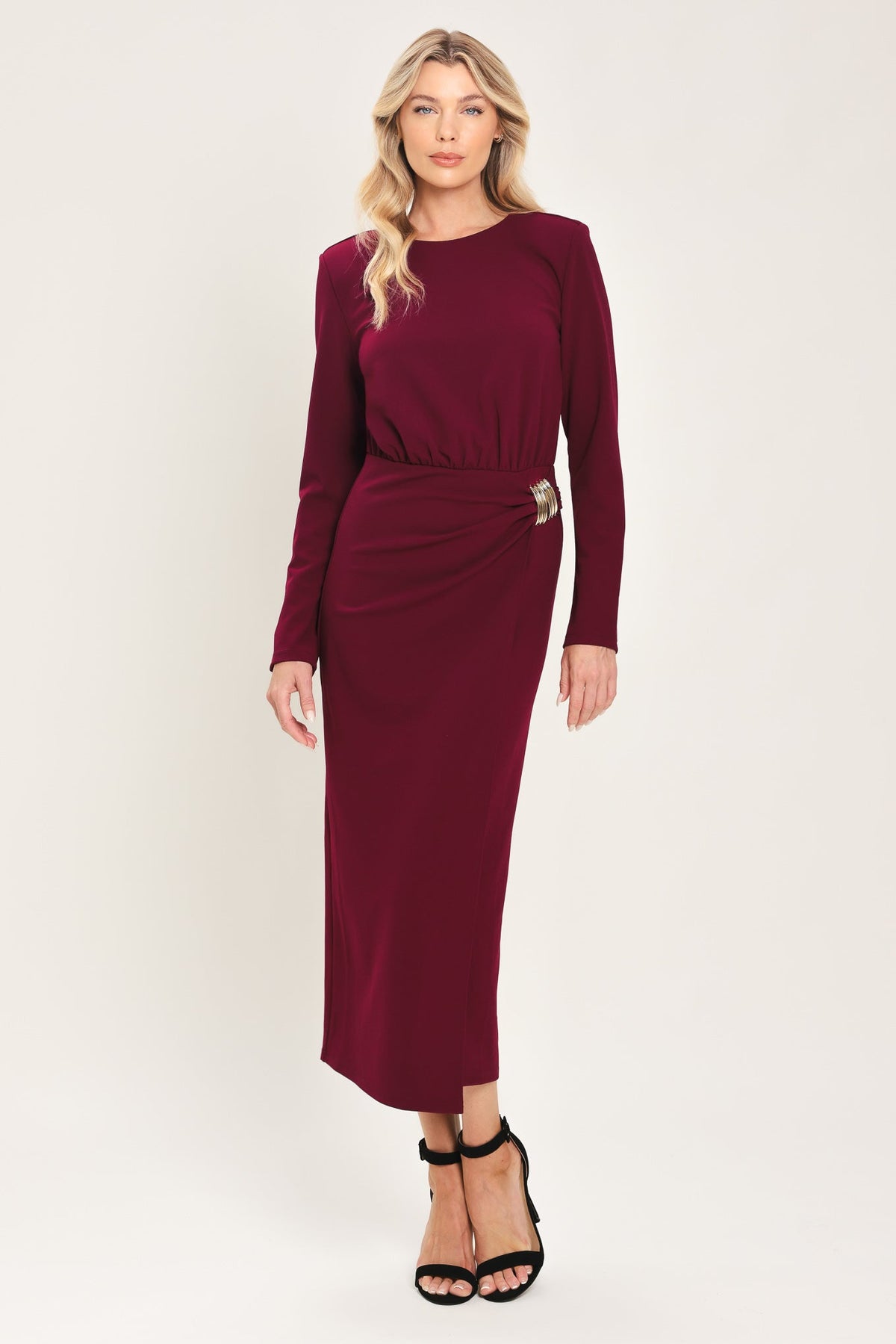 BORDEAUX SCULPT BURGUNDY GATHERED HARDWARE MIDI DRESS - Flying Tomato - Flyclothing LLC