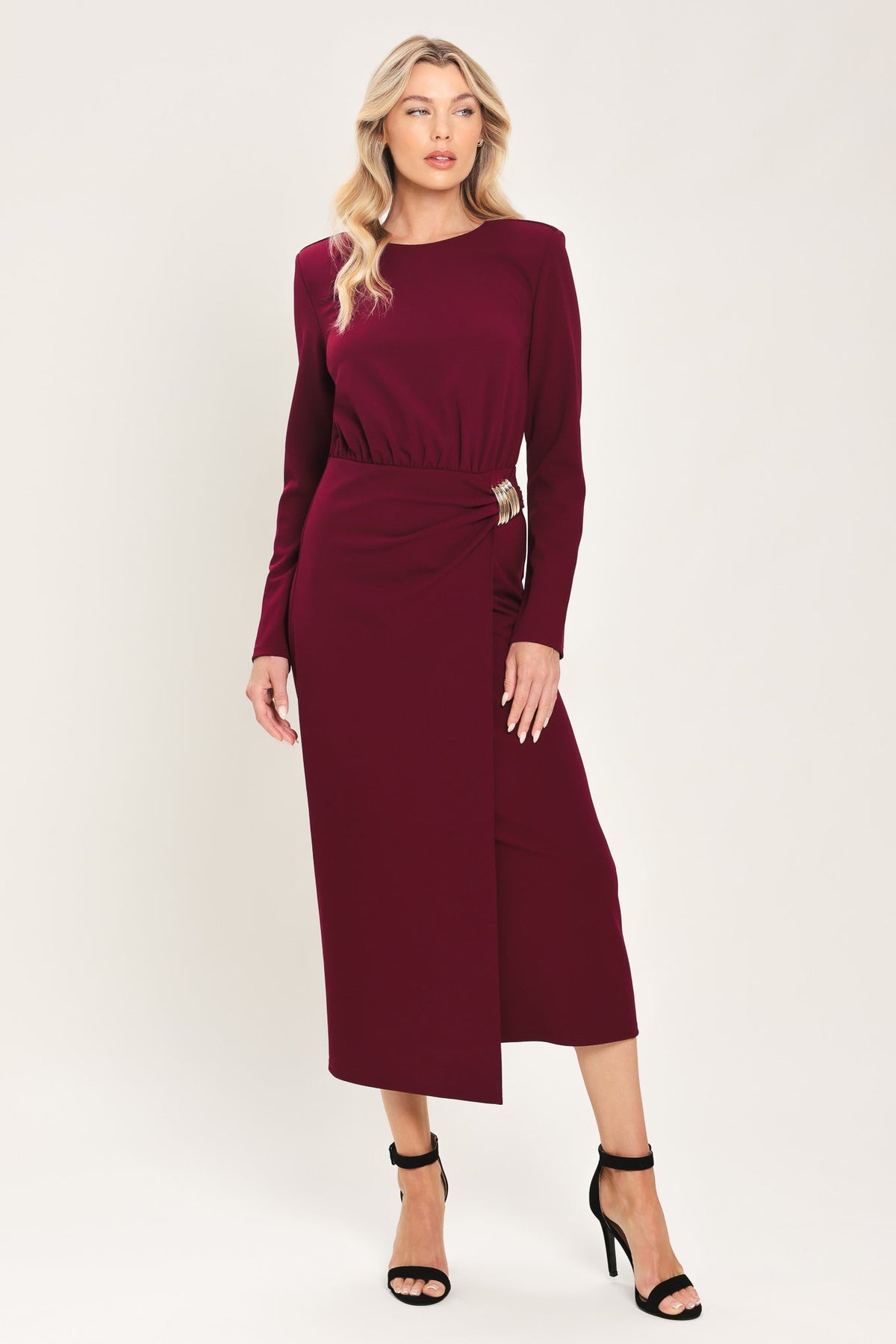BORDEAUX SCULPT BURGUNDY GATHERED HARDWARE MIDI DRESS - Flying Tomato - Flyclothing LLC