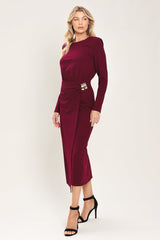 BORDEAUX SCULPT BURGUNDY GATHERED HARDWARE MIDI DRESS - Flying Tomato - Flyclothing LLC