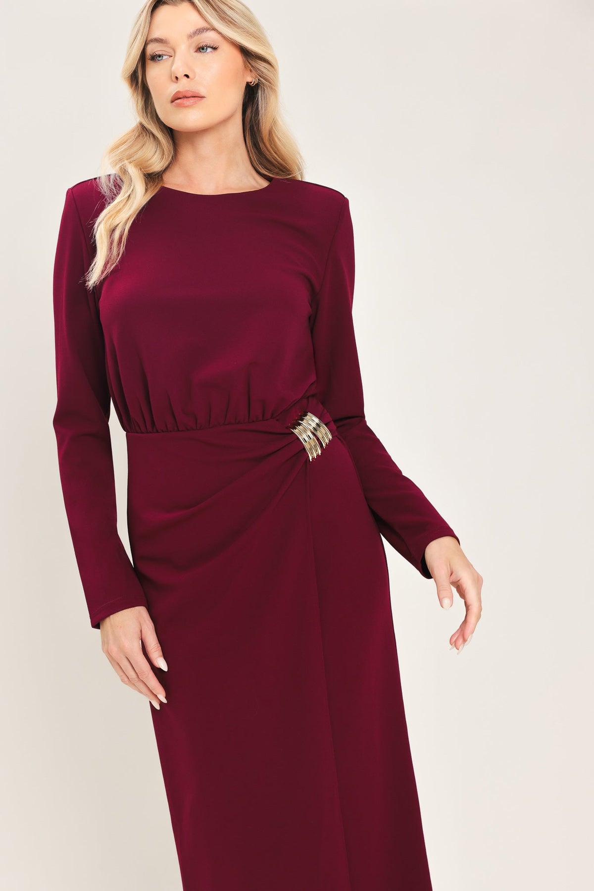 BORDEAUX SCULPT BURGUNDY GATHERED HARDWARE MIDI DRESS - Flying Tomato - Flyclothing LLC