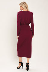 BORDEAUX SCULPT BURGUNDY GATHERED HARDWARE MIDI DRESS - Flying Tomato - Flyclothing LLC