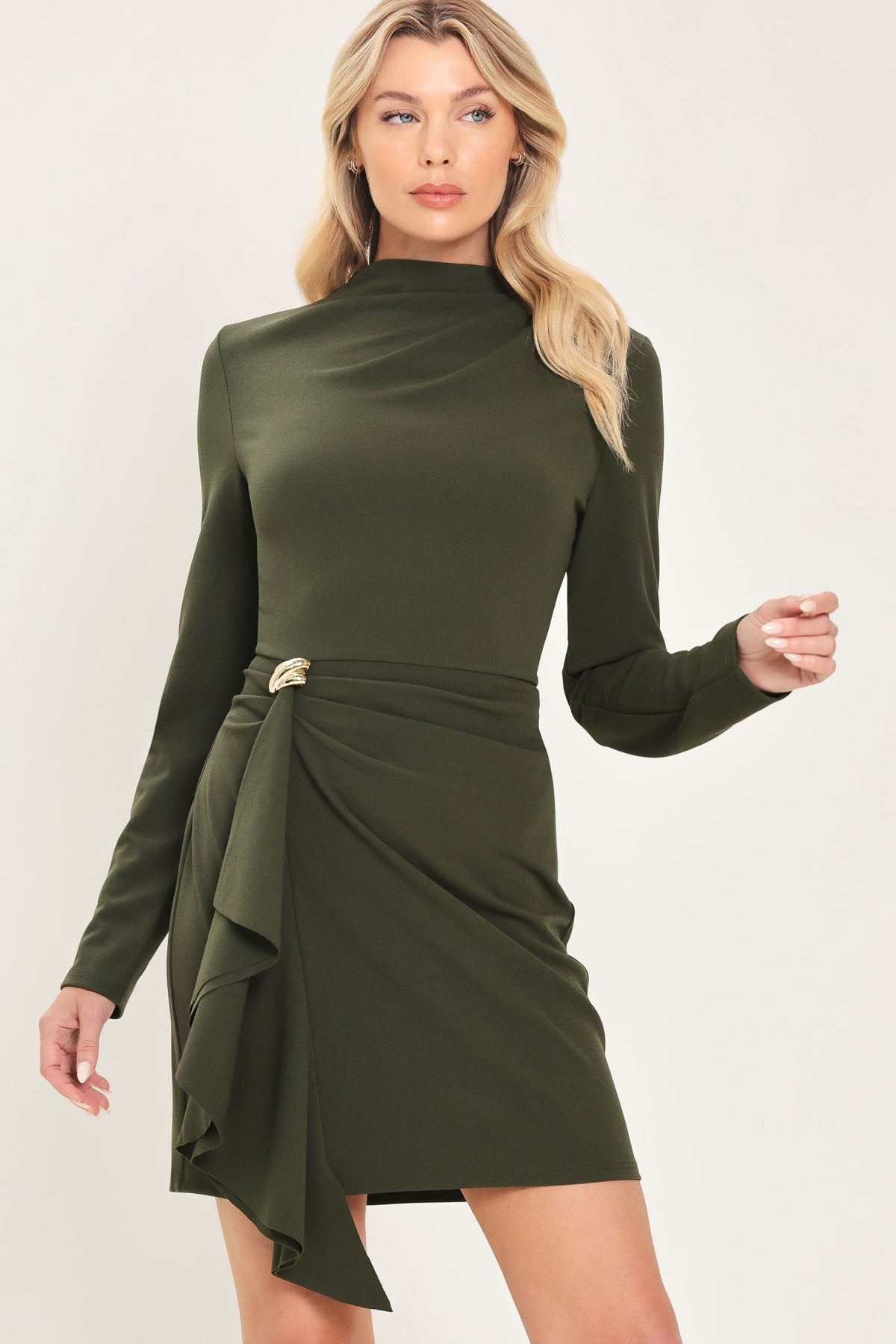 OLIVE ATTITUDE DARK OLIVE FUNNEL-NECK RUFFLE MINI DRESS - Flying Tomato - Flyclothing LLC